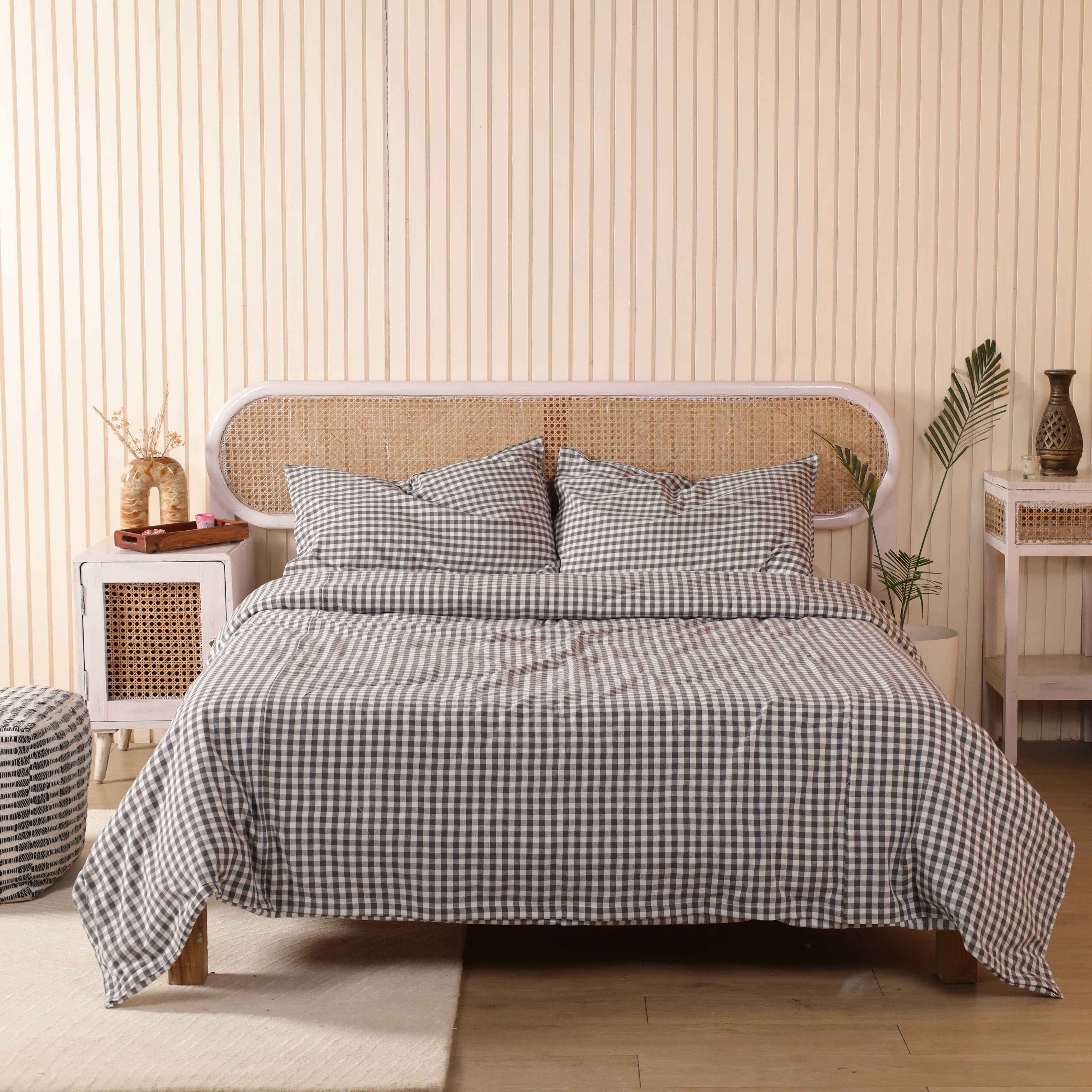 Charcoal Grey Gingham Cotton Bedding Set - Checkered Boho Duvet Cover
