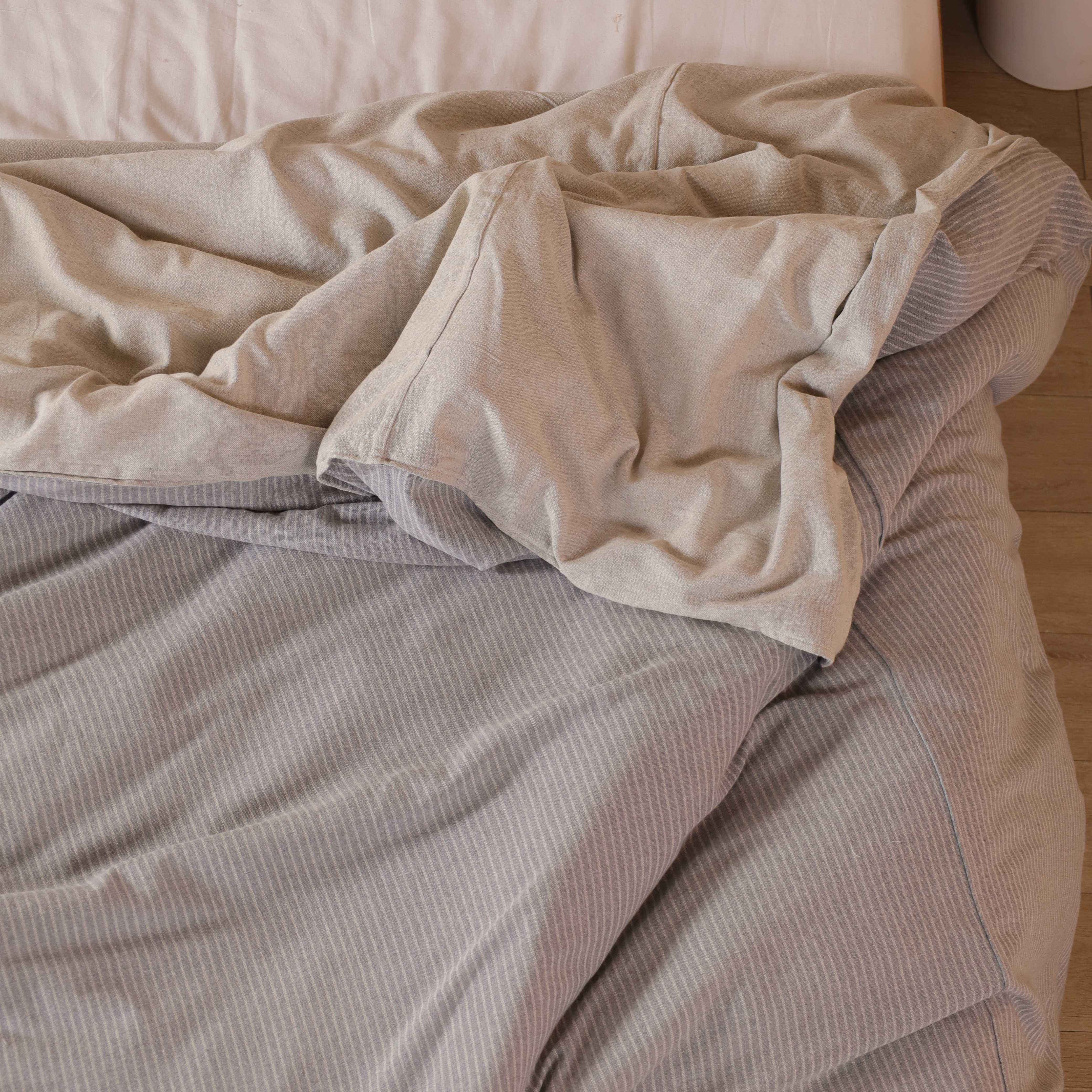 Cotton Reversible Pinstripe & Solid Duvet Cover Set - Luxury Grey & Sand Neutral Bedding