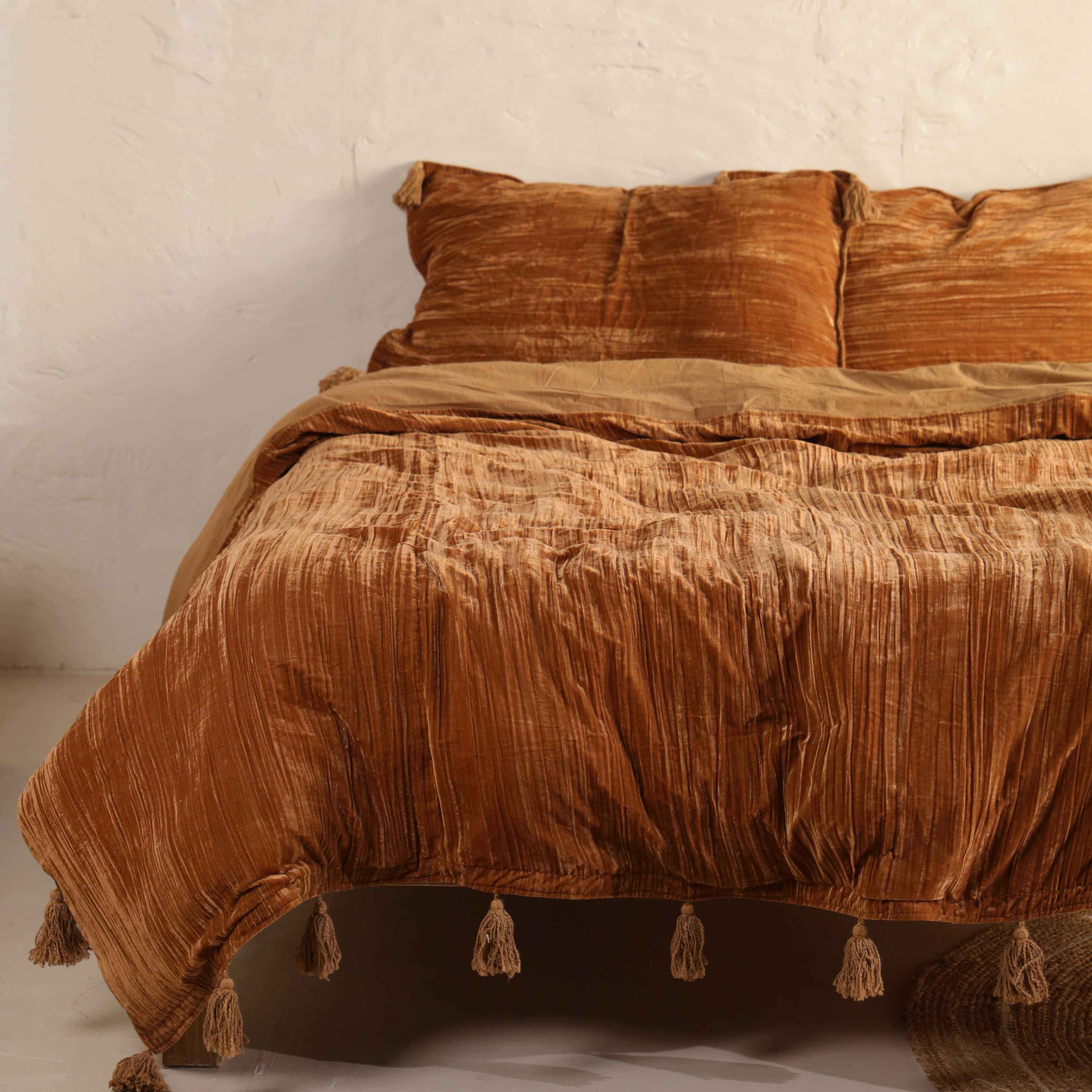 Velvet Duvet Cover Set - Luxury Burnt Orange Boho Bedding with Tassels - 3 Piece Soft Textured Bedding Set
