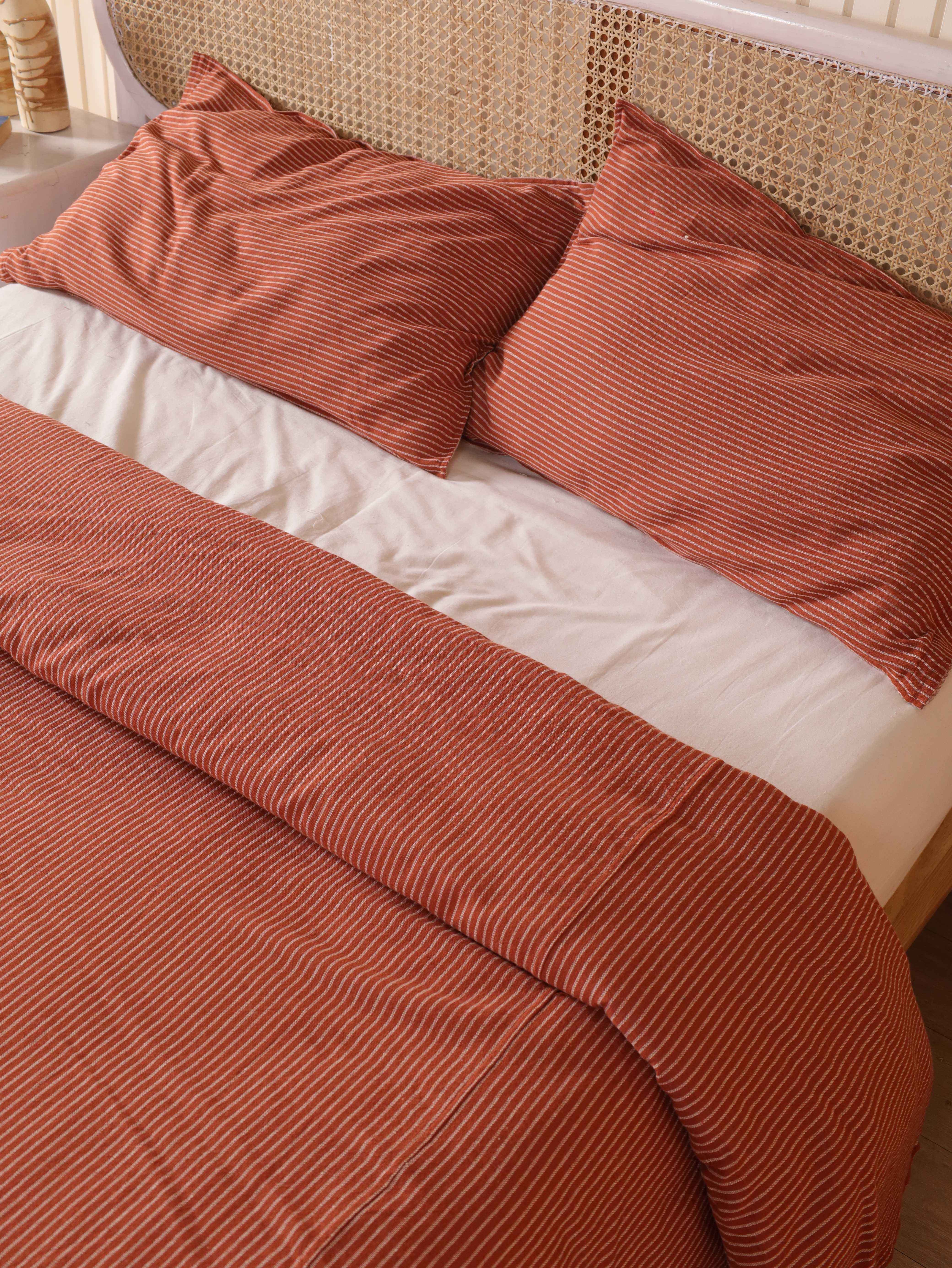 Terracotta Pinstripe Cotton Bedding Set - Rust Boho Duvet Cover