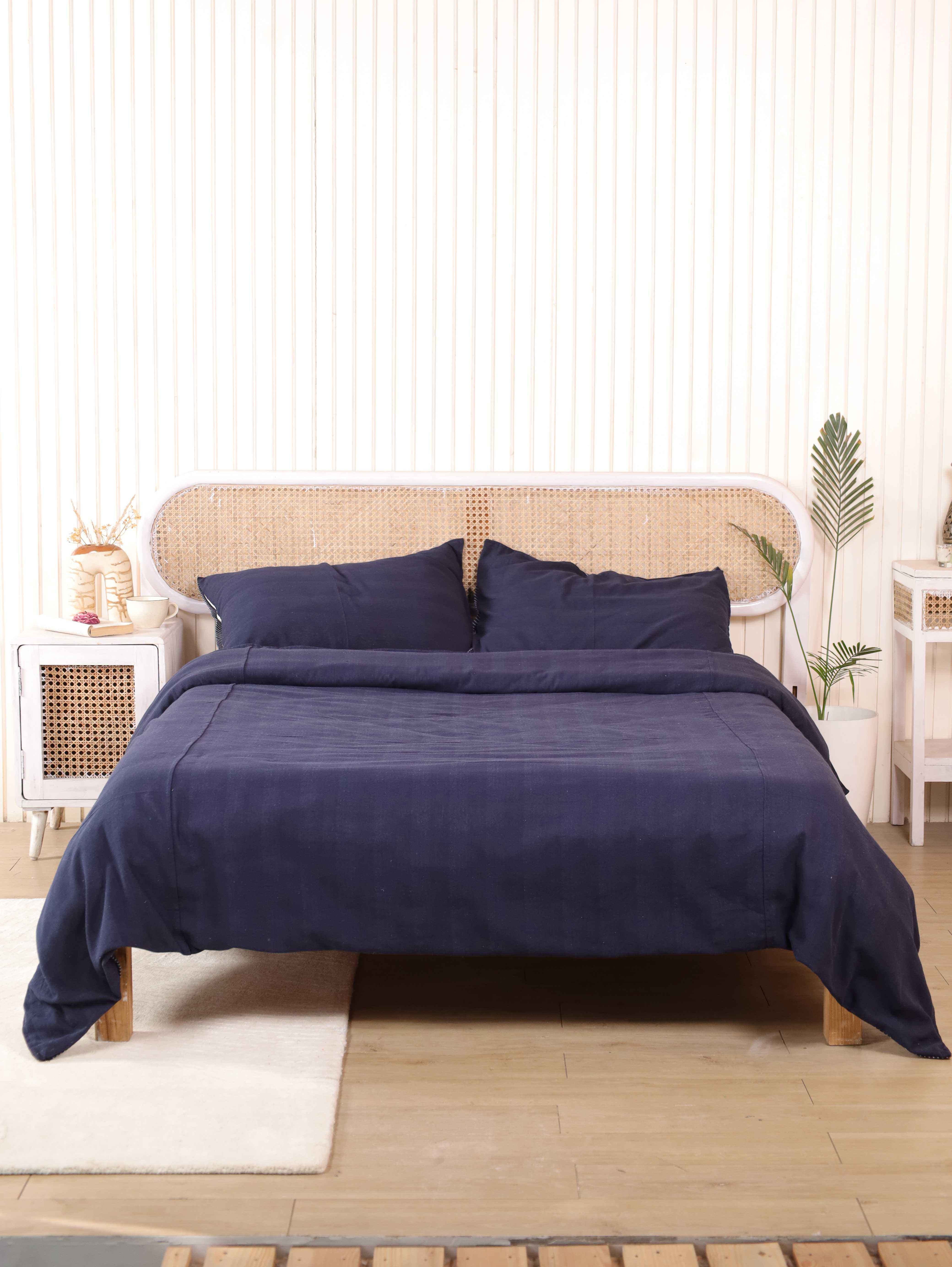 Solid Navy Blue Cotton Bedding Set - Deep Indigo Boho Duvet Cover