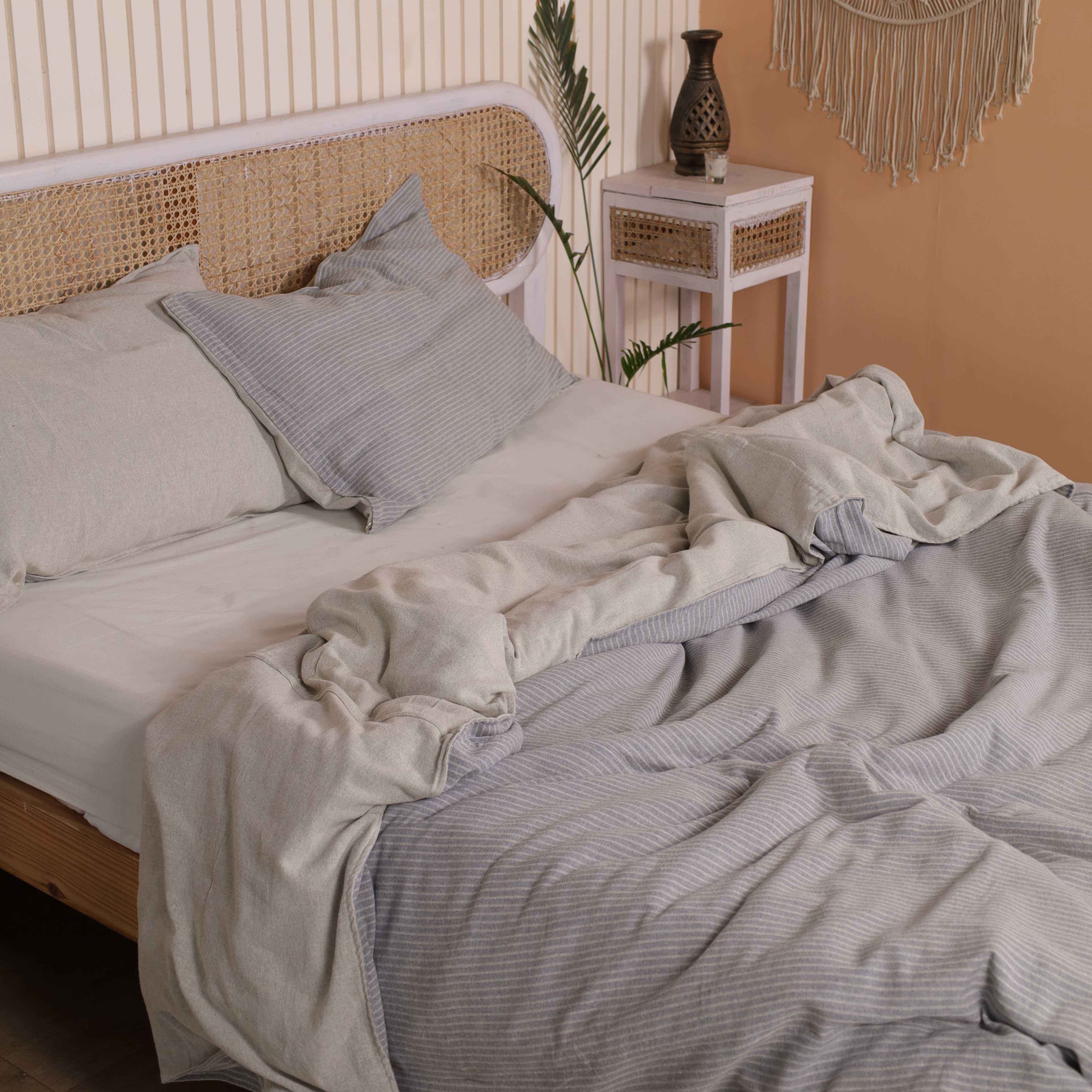 Cotton Reversible Pinstripe & Solid Duvet Cover Set - Luxury Grey & Sand Neutral Bedding