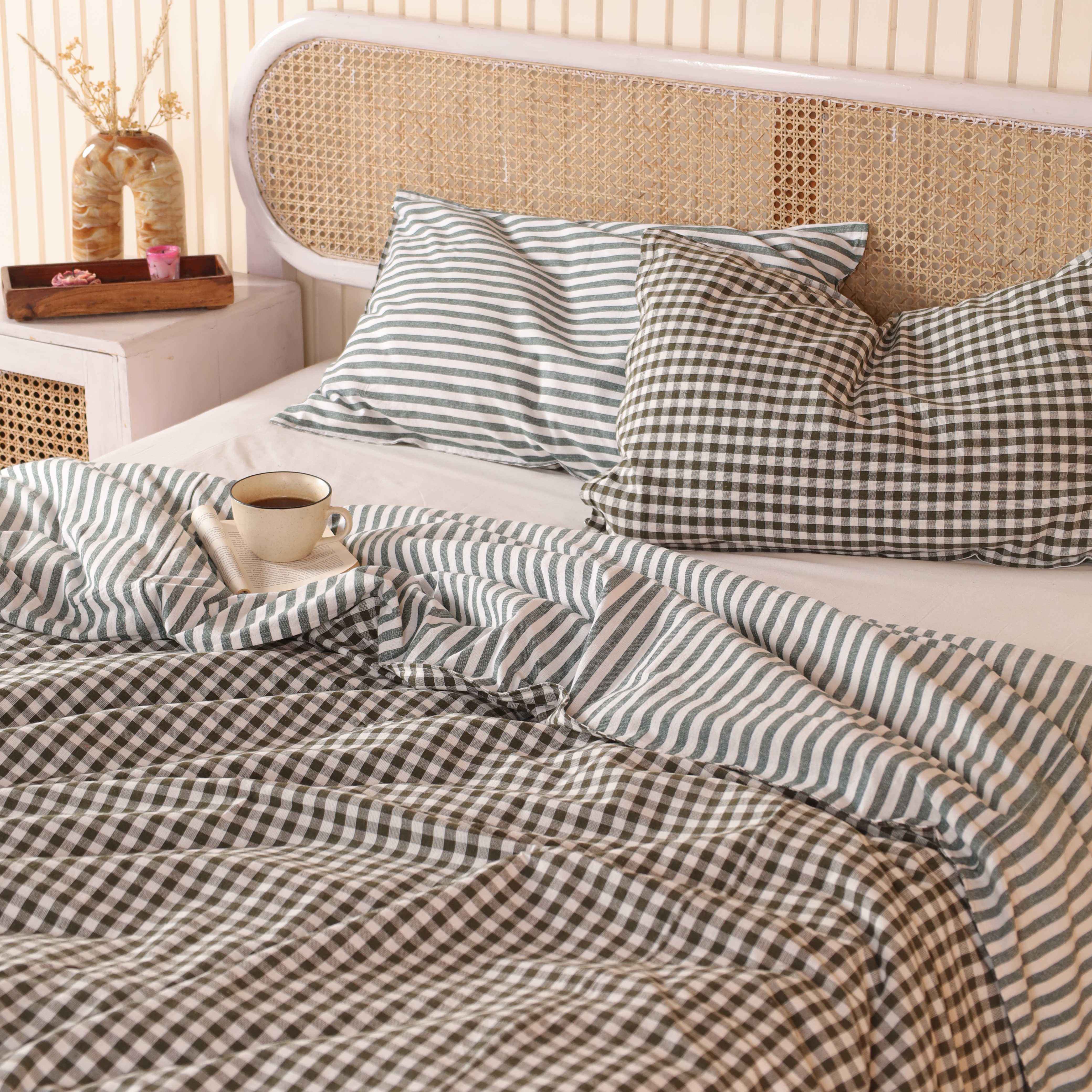 Reversible Sage Green Gingham & Striped Cotton Duvet Bedding Set