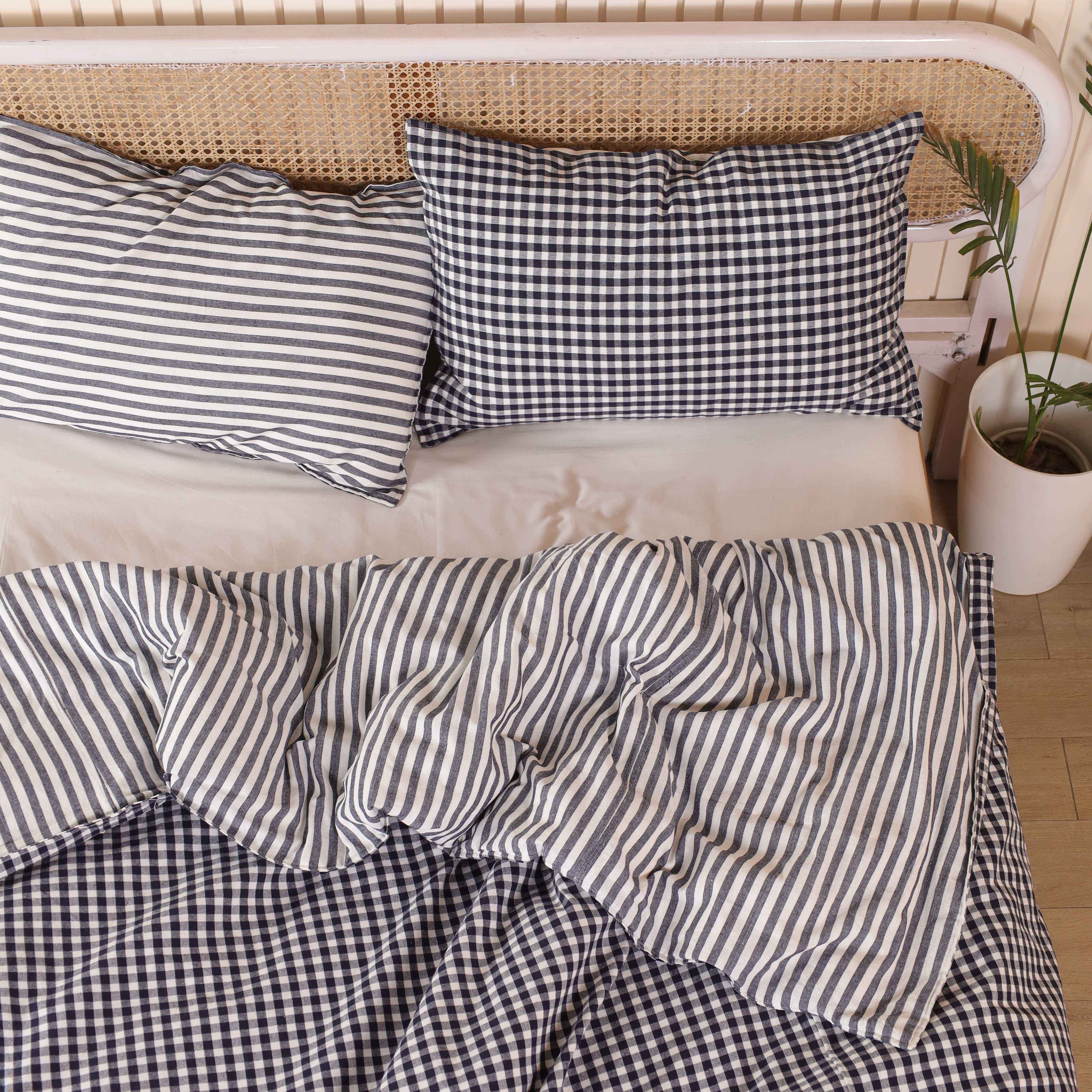 Reversible Blue Gingham & Stripe Bedding Set - 100% Cotton Duvet