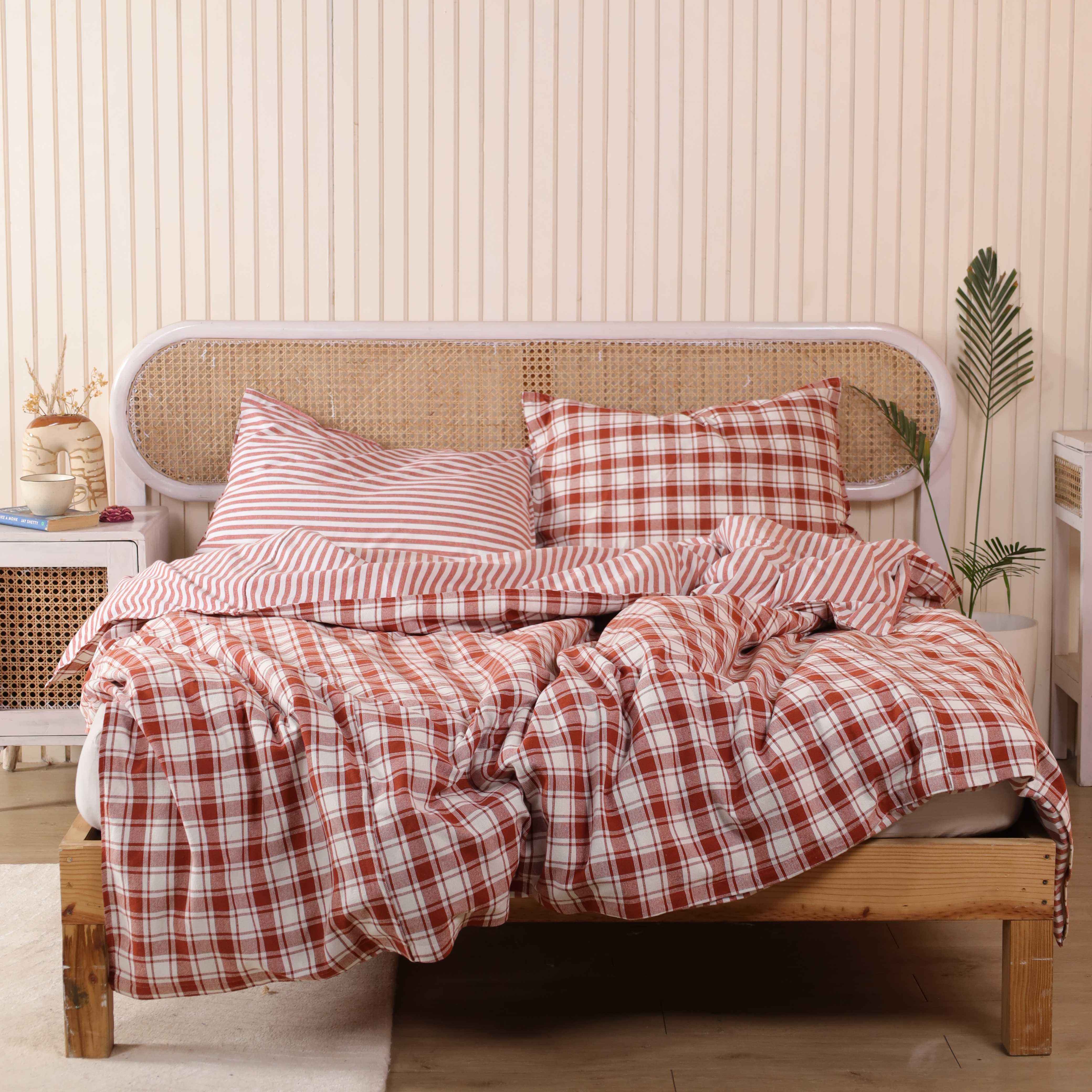 Reversible Red Gingham and Stripe Bedding Set - Cottagecore Cotton Duvet