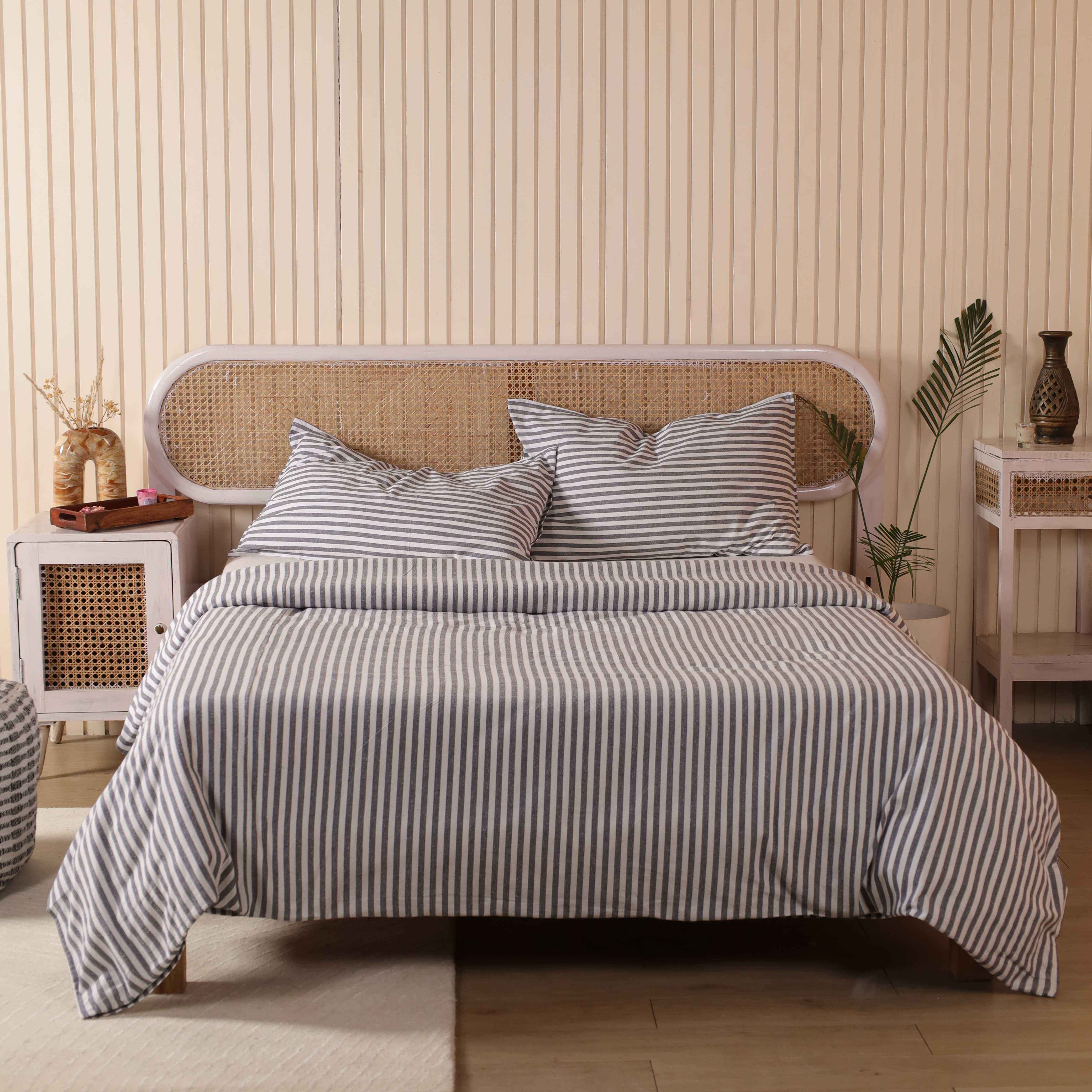 Charcoal Grey Gingham Cotton Bedding Set - Checkered Boho Duvet Cover