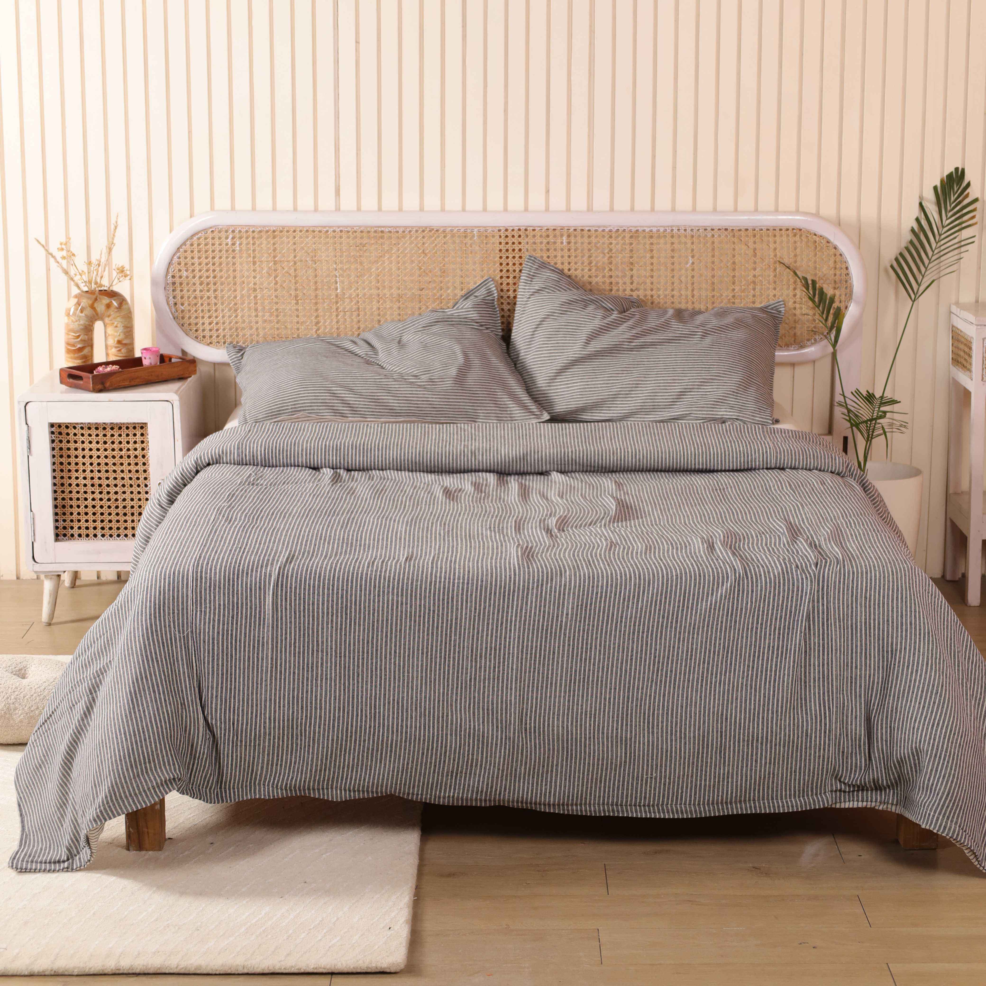 Charcoal Grey Pinstripe Cotton Duvet Set - Modern Boho Bedding