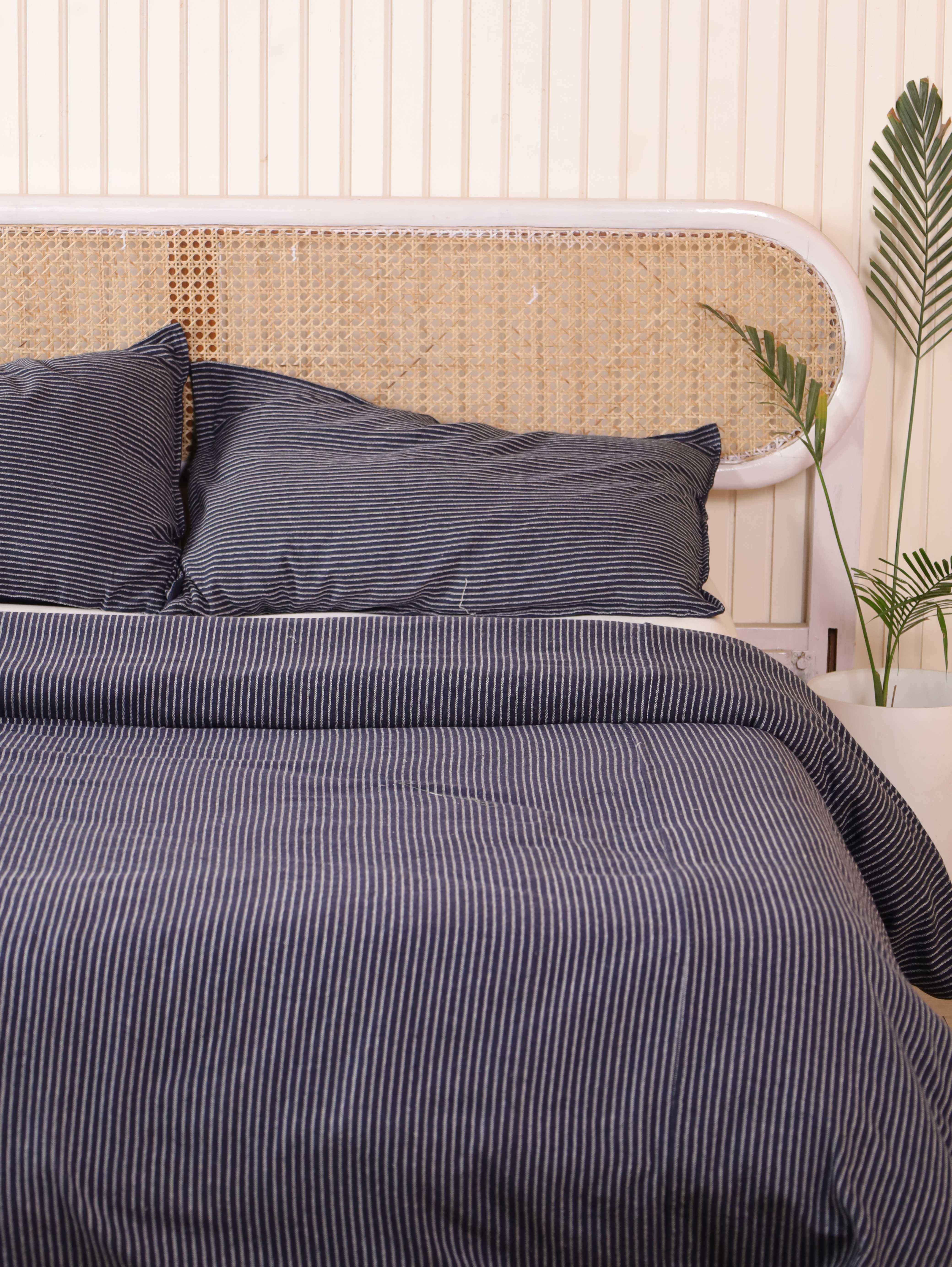 Navy Blue Pinstripe Cotton Bedding Set - Coastal Nautical Duvet