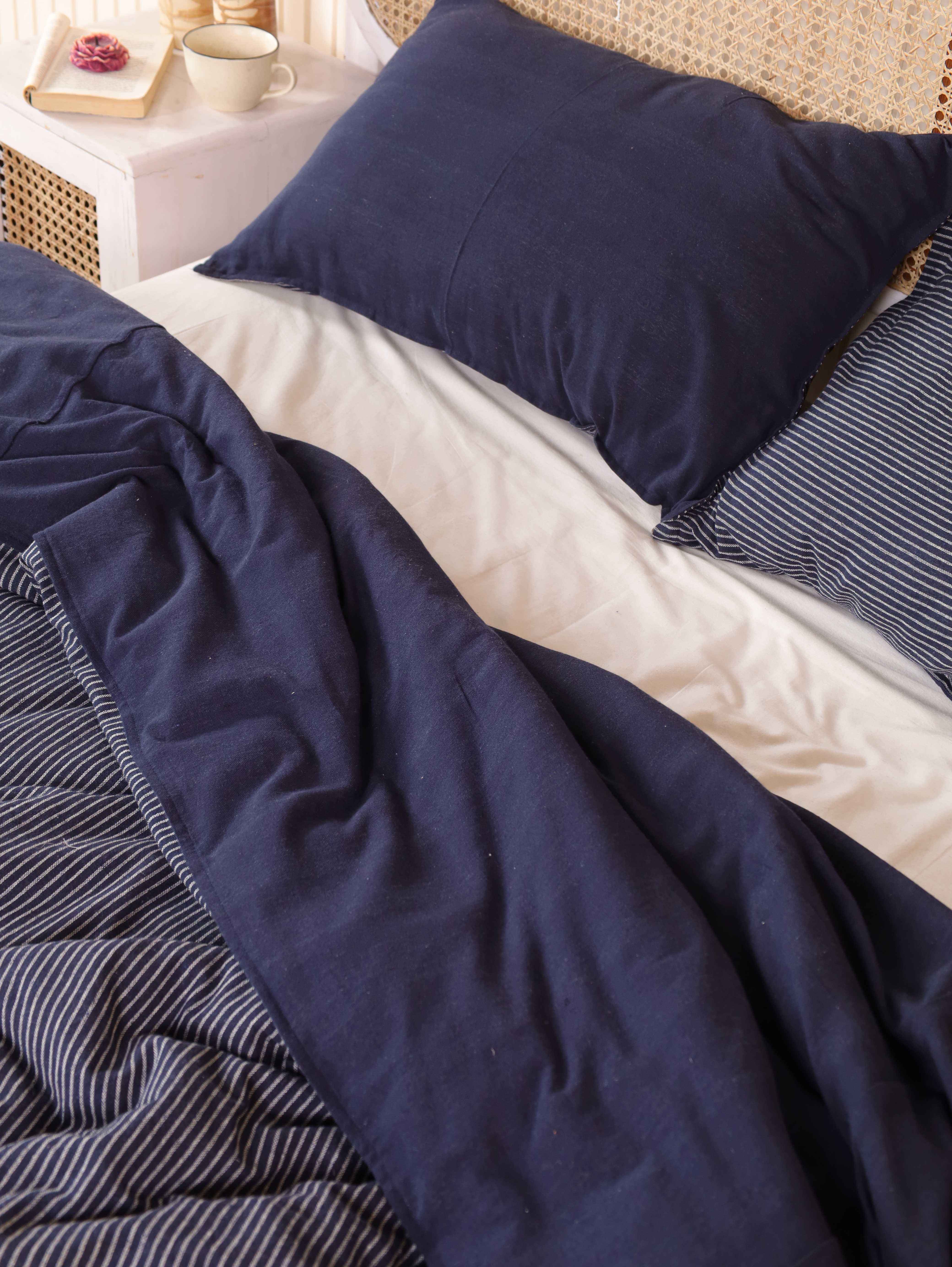 Navy Blue Reversible Duvet Cover Set - Striped Cotton Bedding