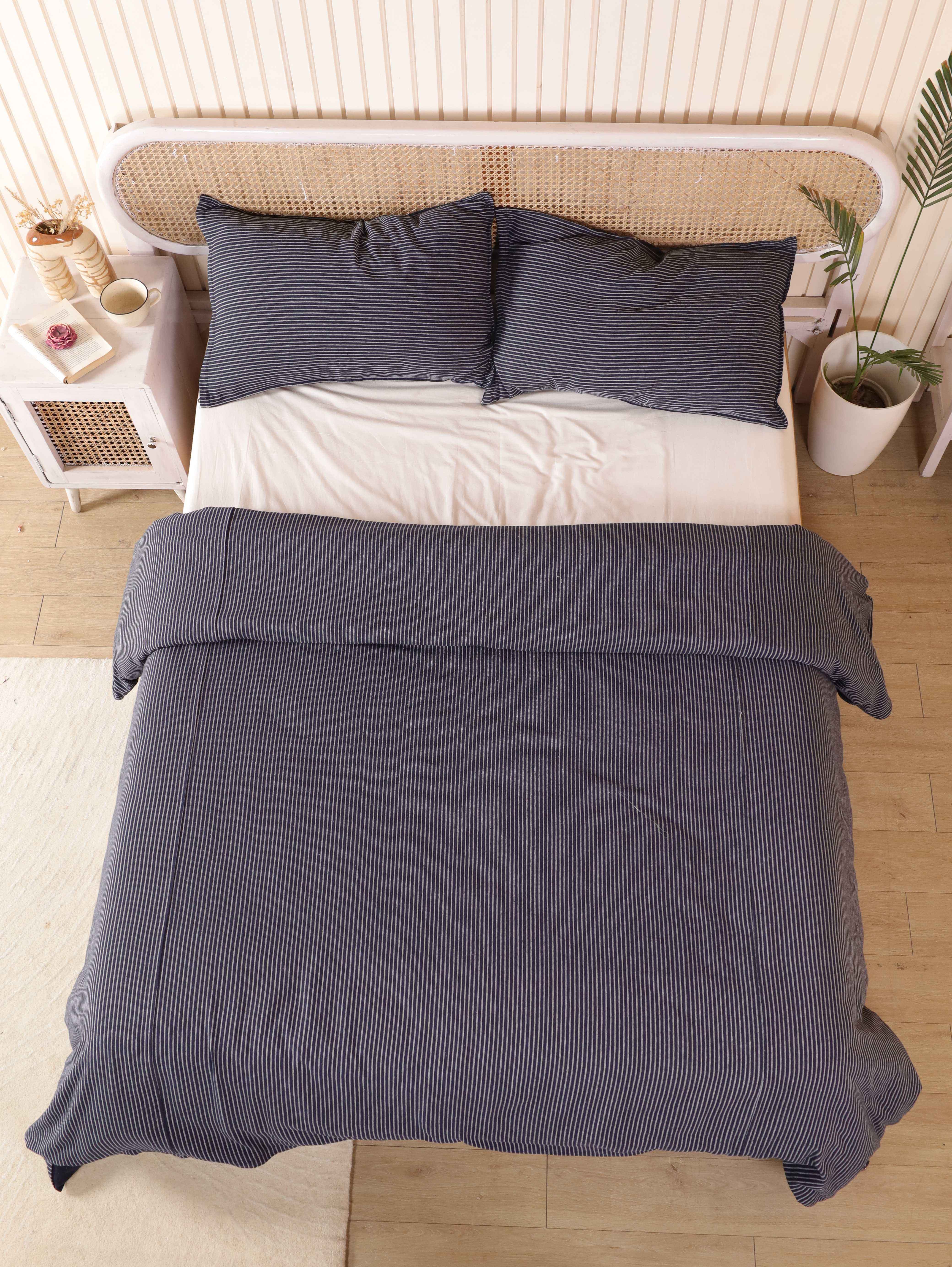 Navy Blue Pinstripe Cotton Bedding Set - Coastal Nautical Duvet