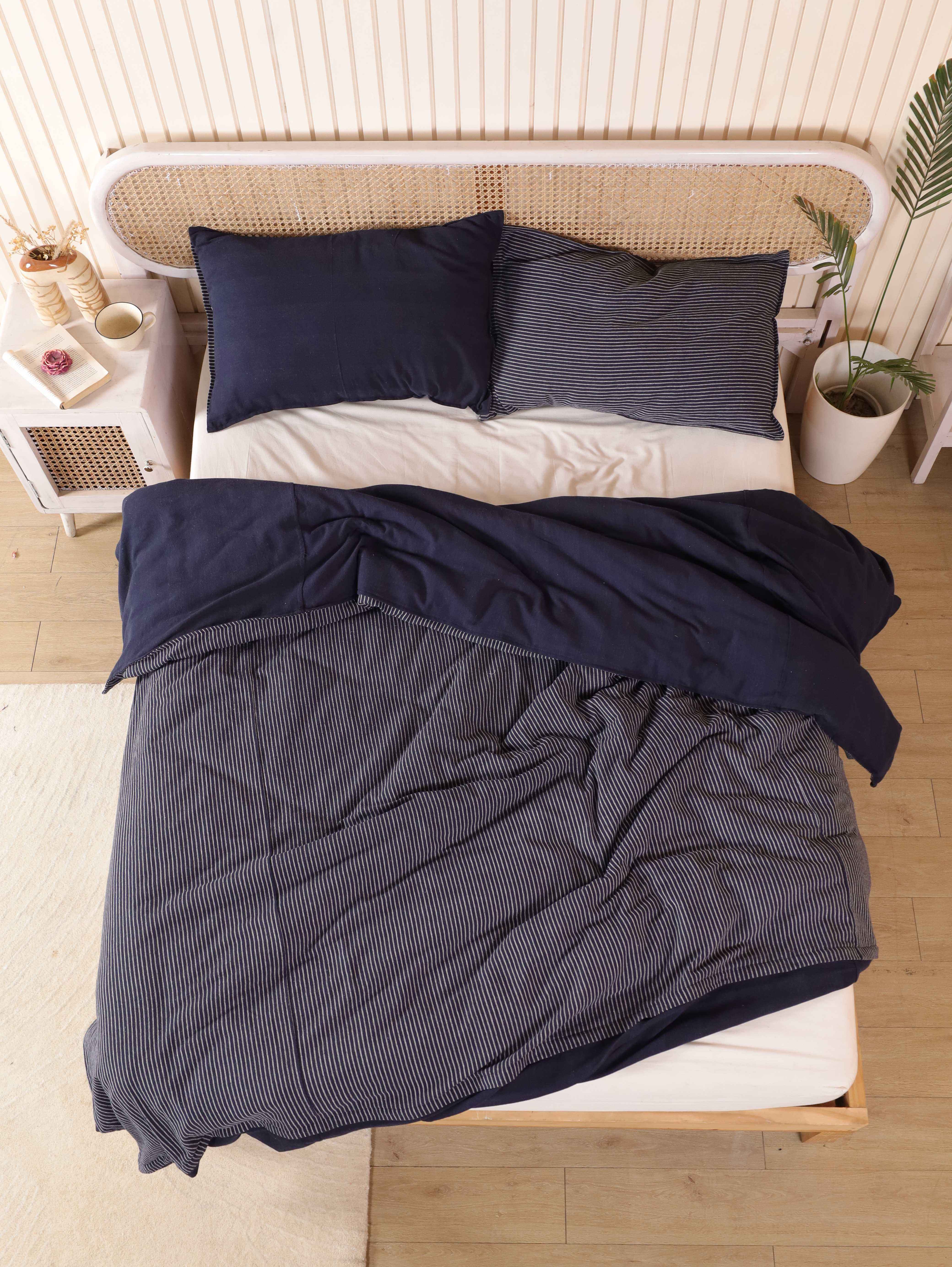 Navy Blue Reversible Duvet Cover Set - Striped Cotton Bedding