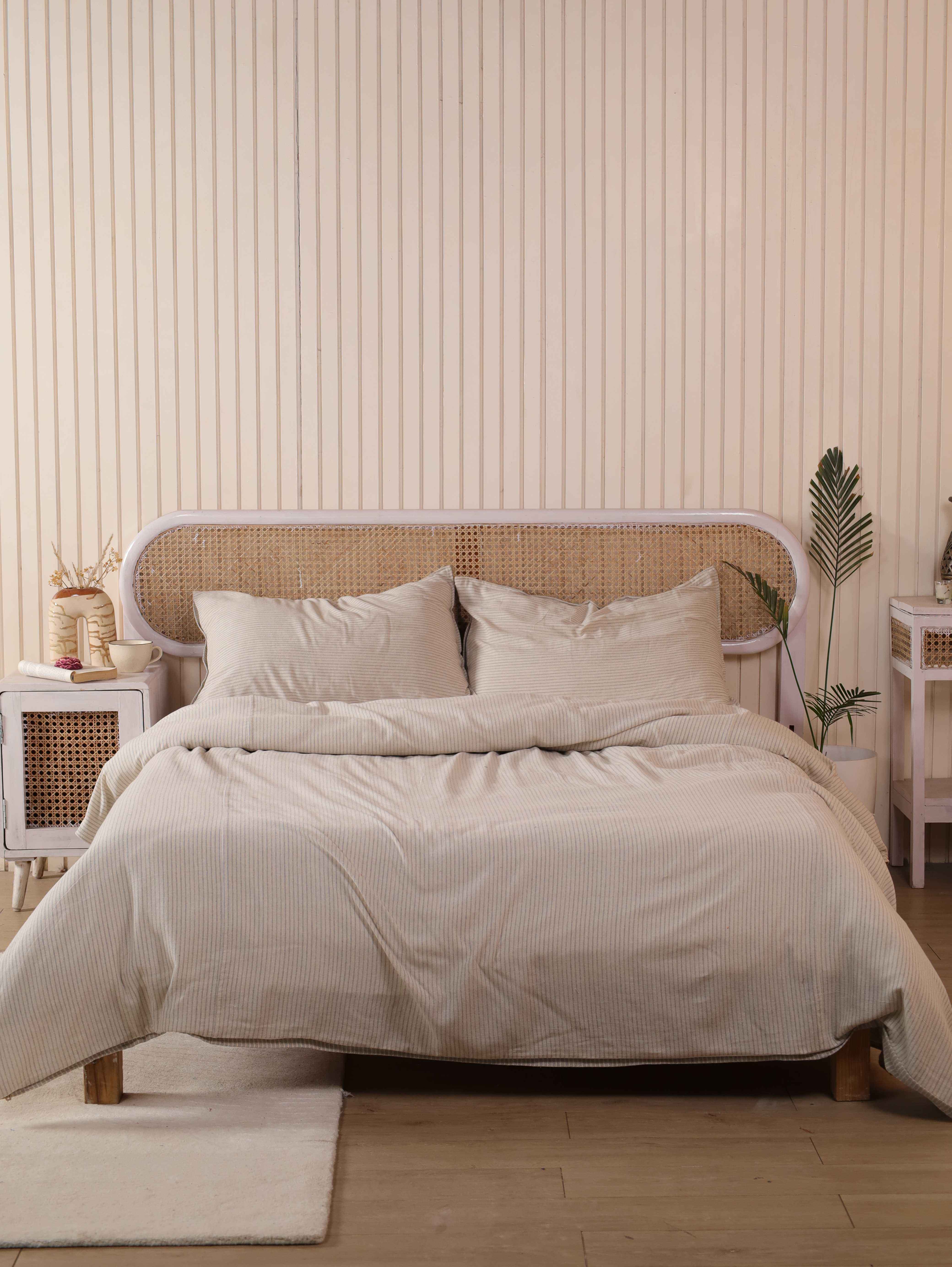 Beige Pinstripe Cotton Duvet Cover Set - Oatmeal Striped Bedding