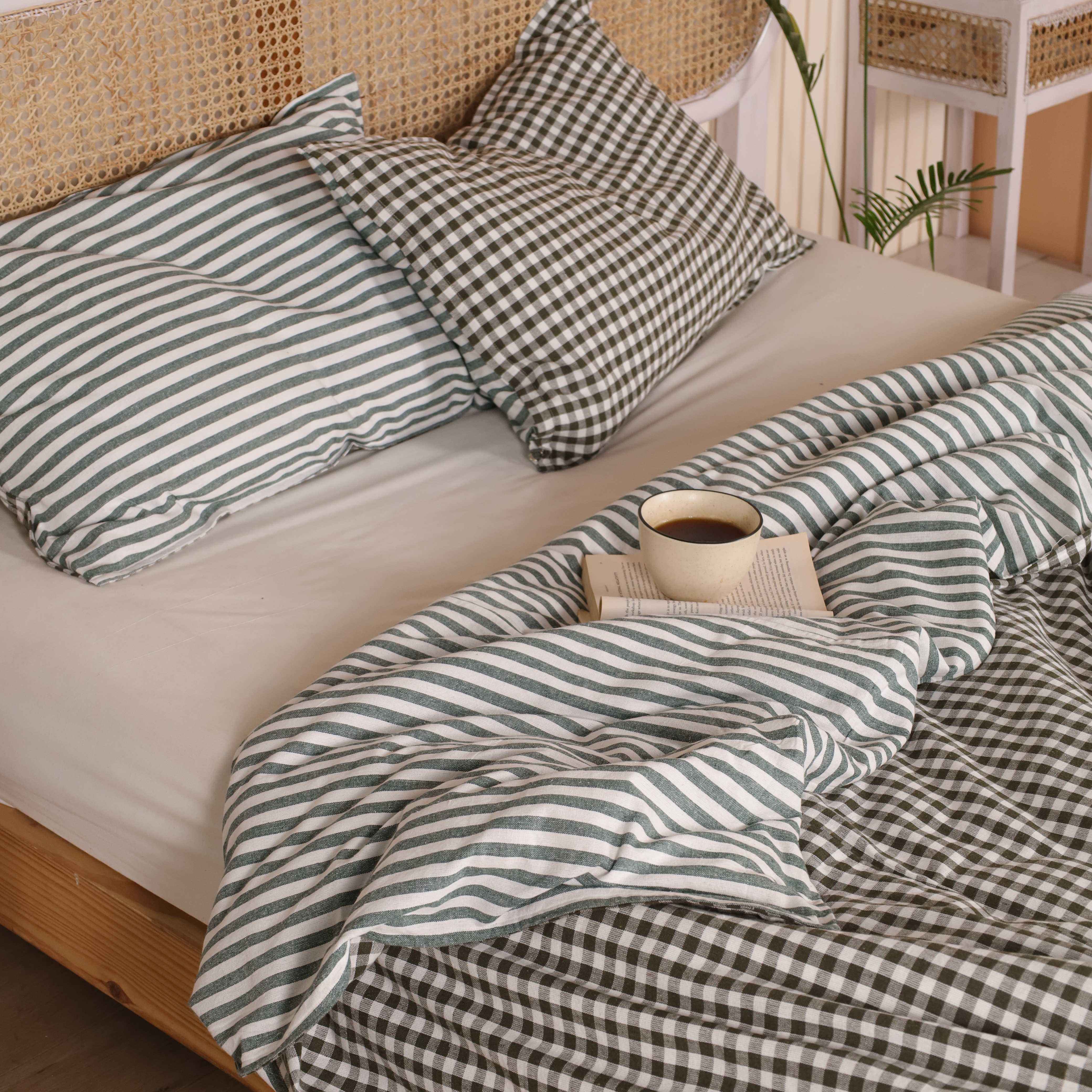 Reversible Sage Green Gingham & Striped Cotton Duvet Bedding Set