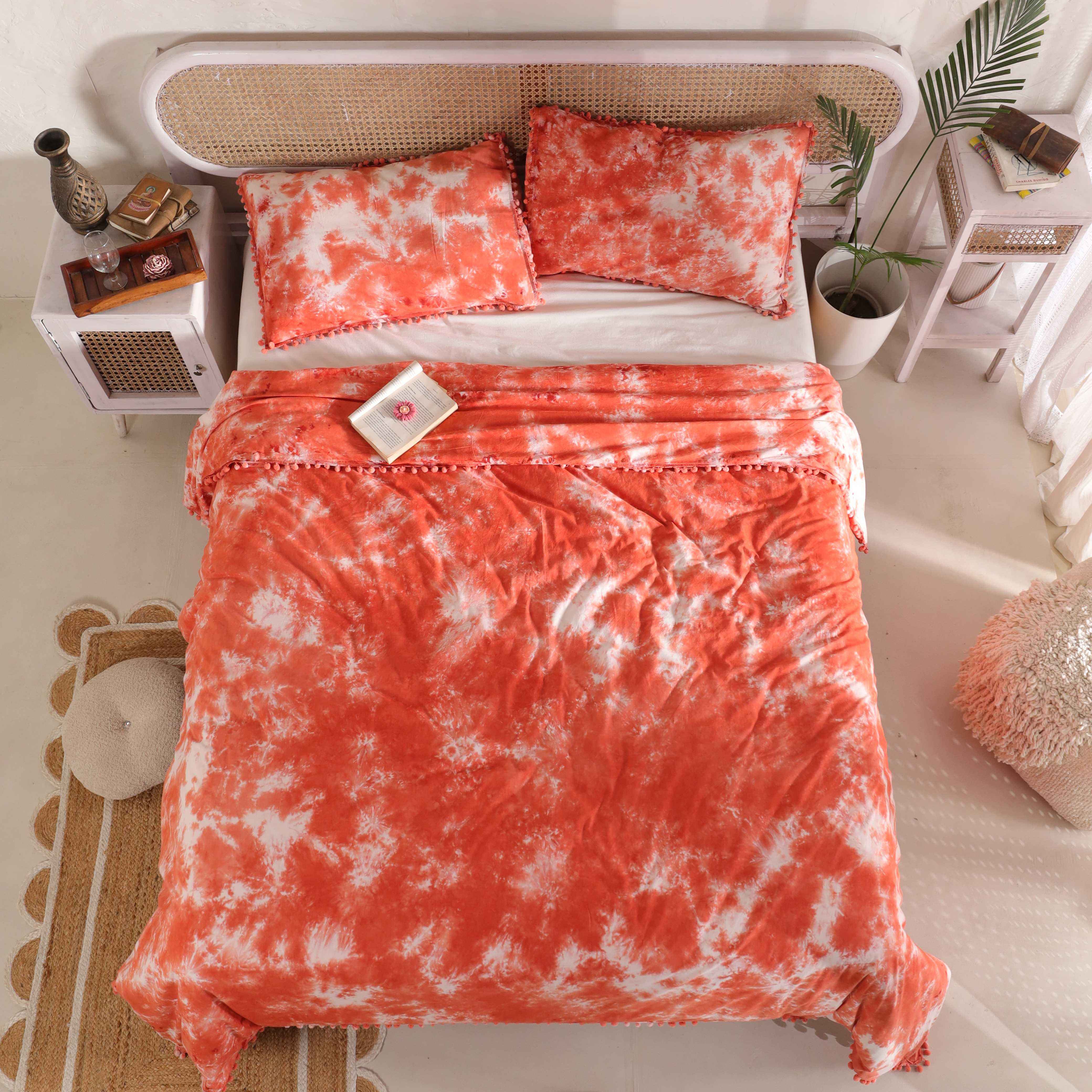 Orange Tie Dye Boho Duvet Cover Set - Cotton Comforter & Pillow Shams