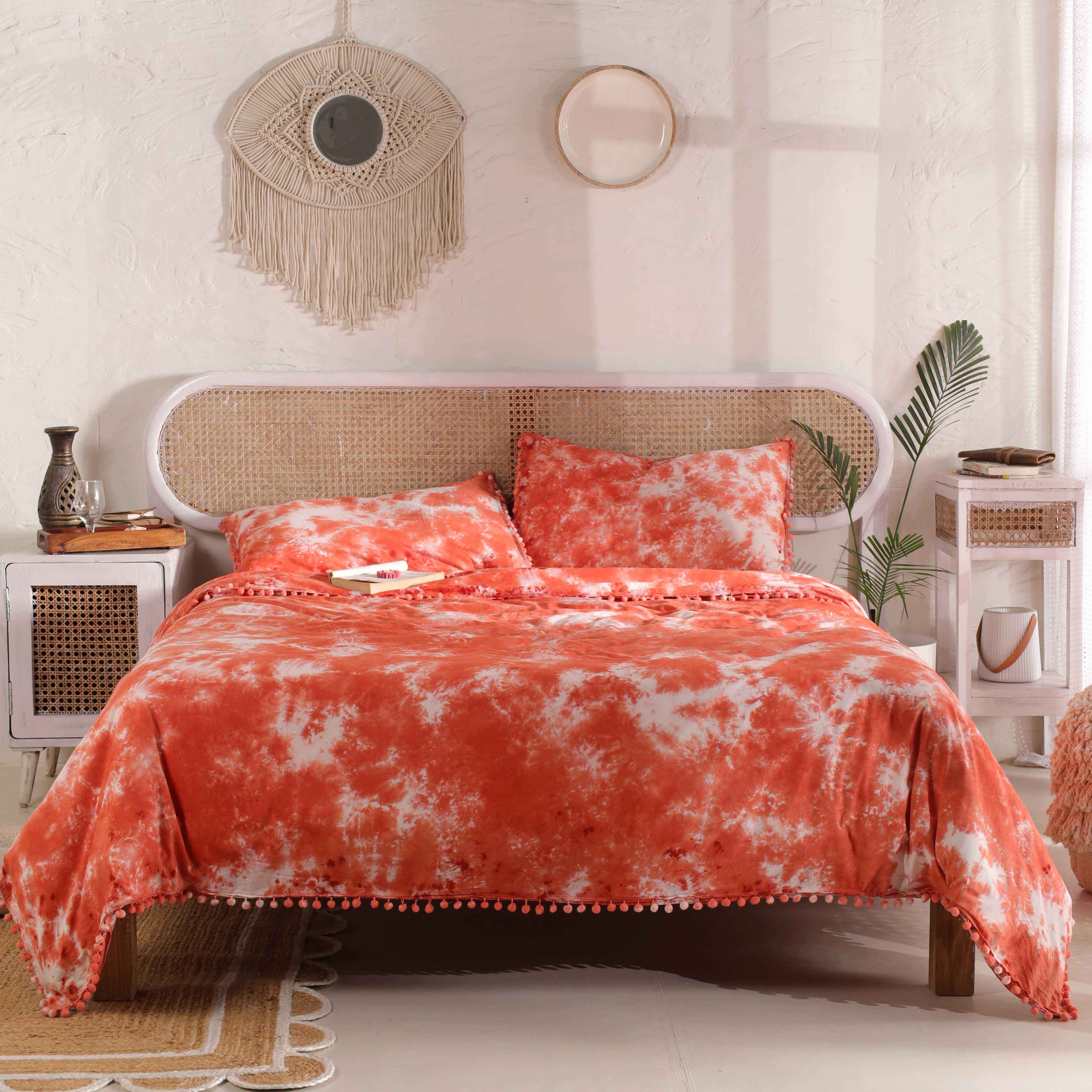 Orange Tie Dye Boho Duvet Cover Set - Cotton Comforter & Pillow Shams
