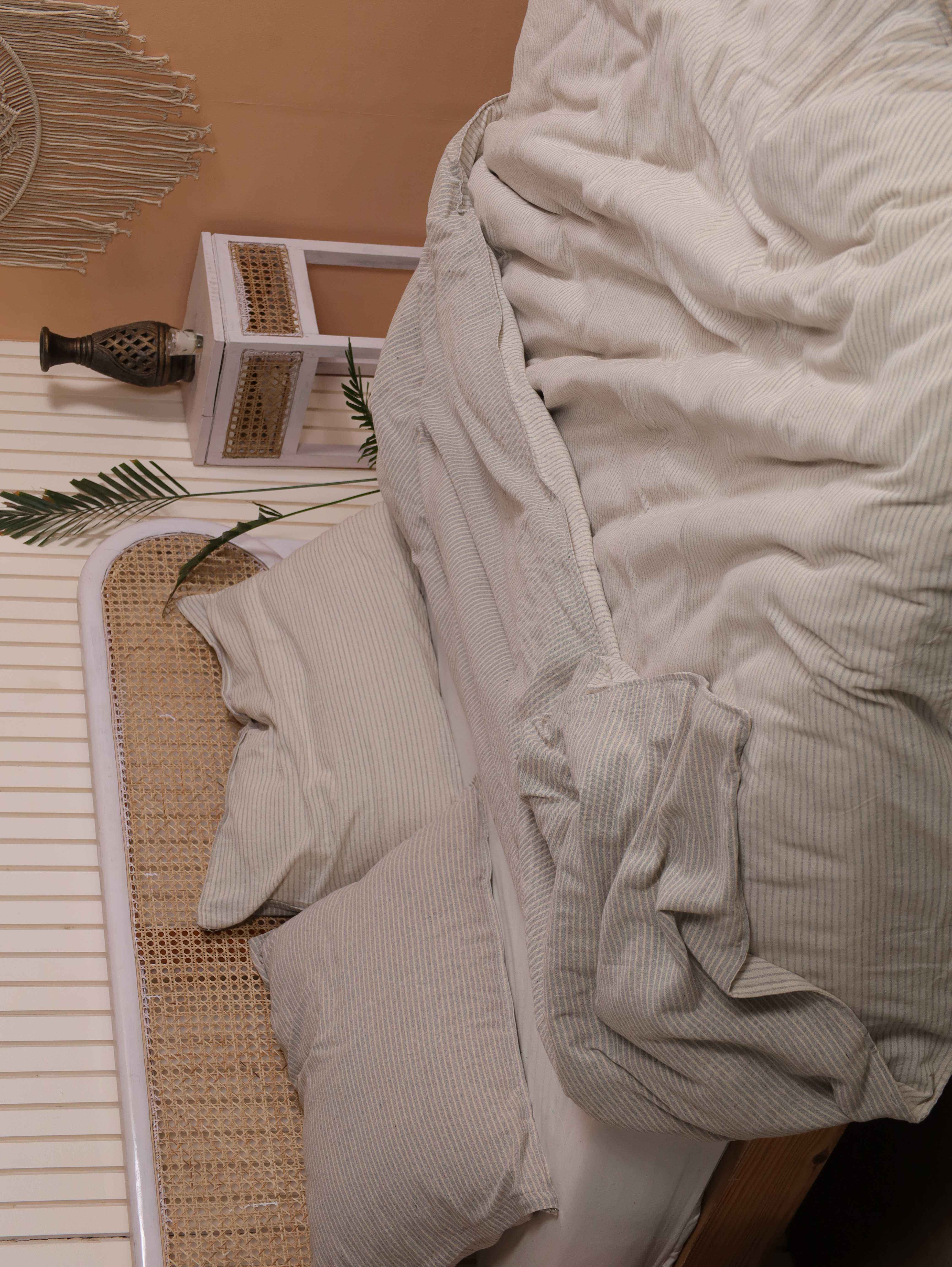 Taupe Pinstripe Cotton Duvet Cover Set - Reversible Earthy Bedding