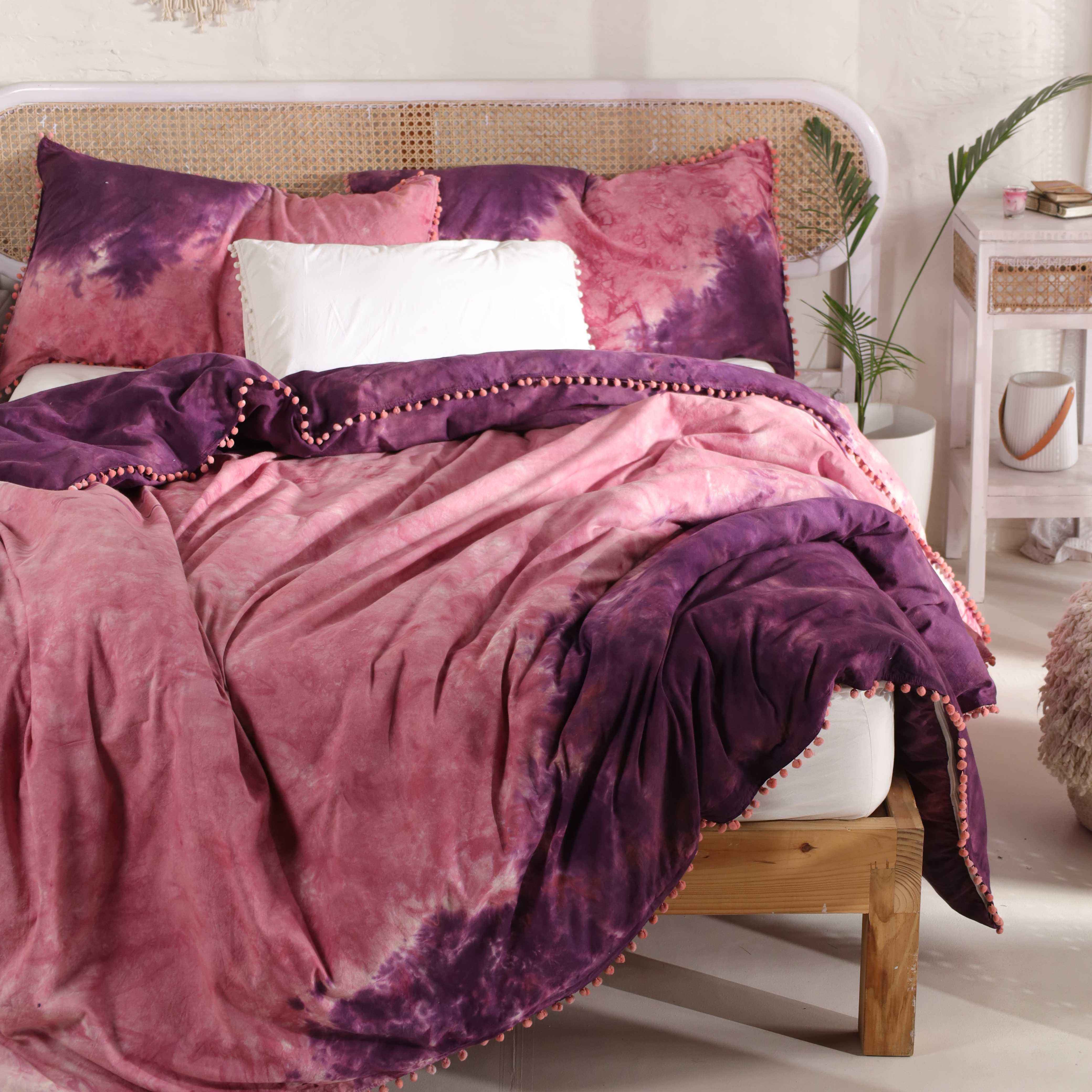 Pink and Purple Tie Dye Bedding Set - Boho Cotton Duvet with Pom Poms