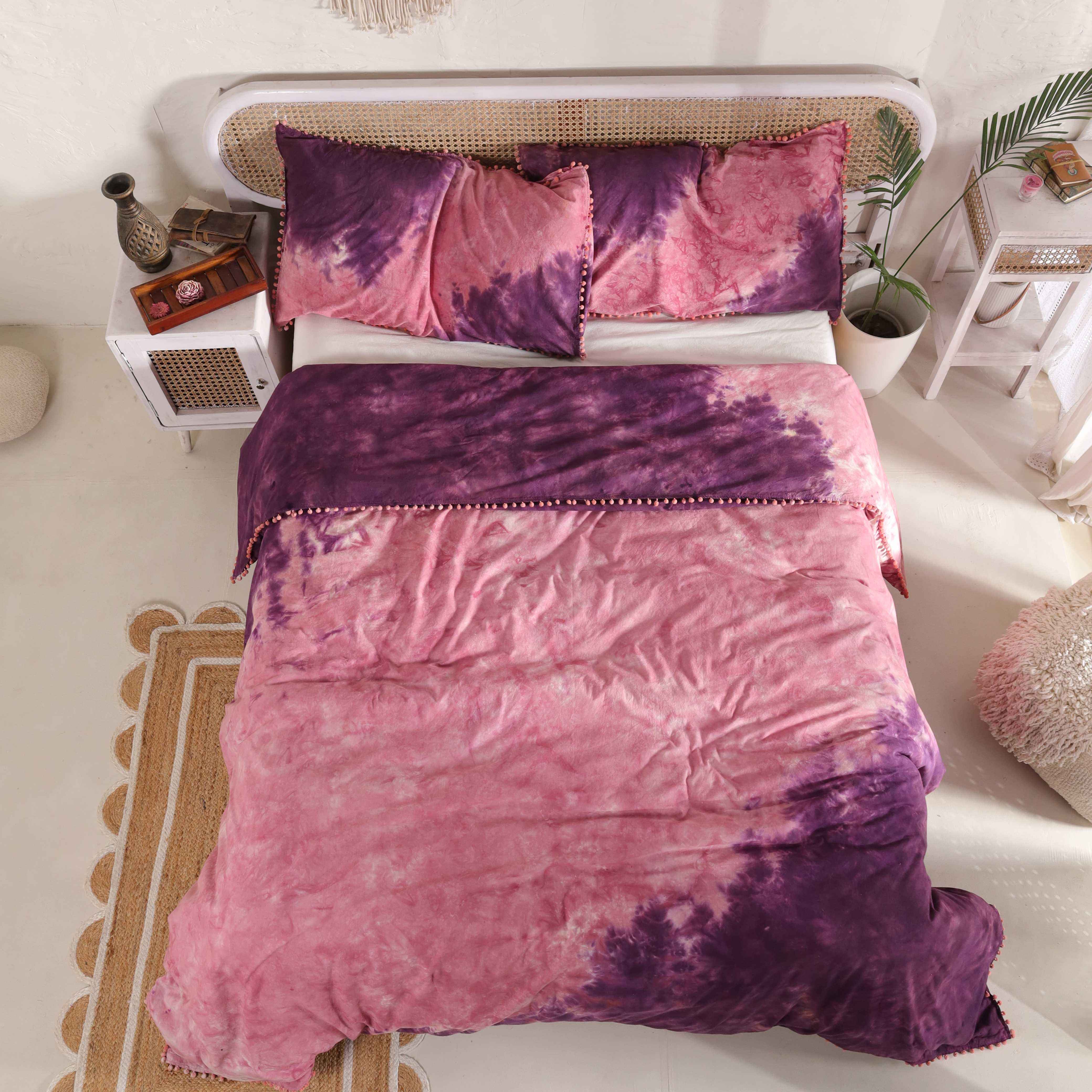 Pink and Purple Tie Dye Bedding Set - Boho Cotton Duvet with Pom Poms