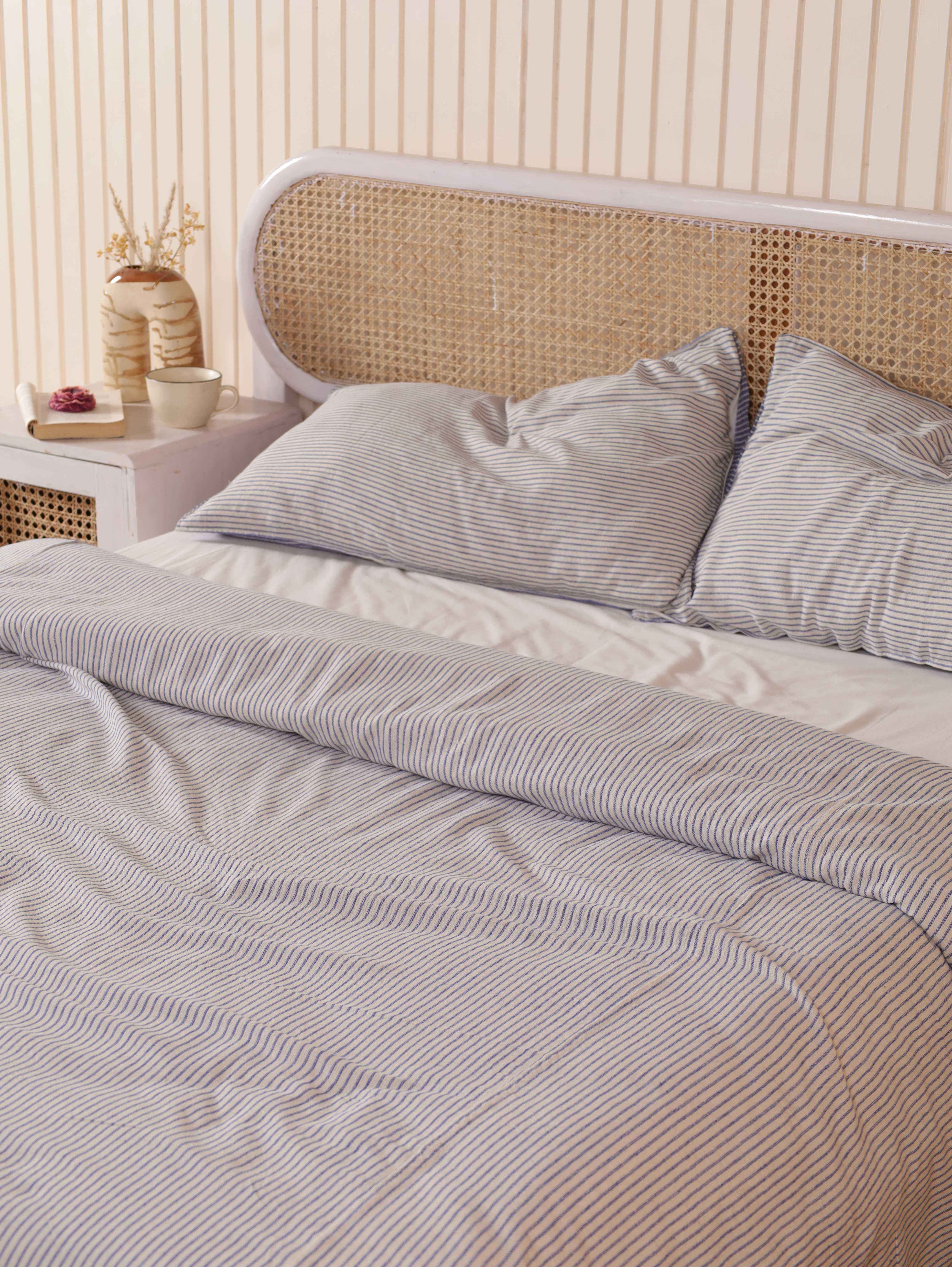 Blue Pinstripe Cotton Duvet Set - Coastal Stripe Bedding