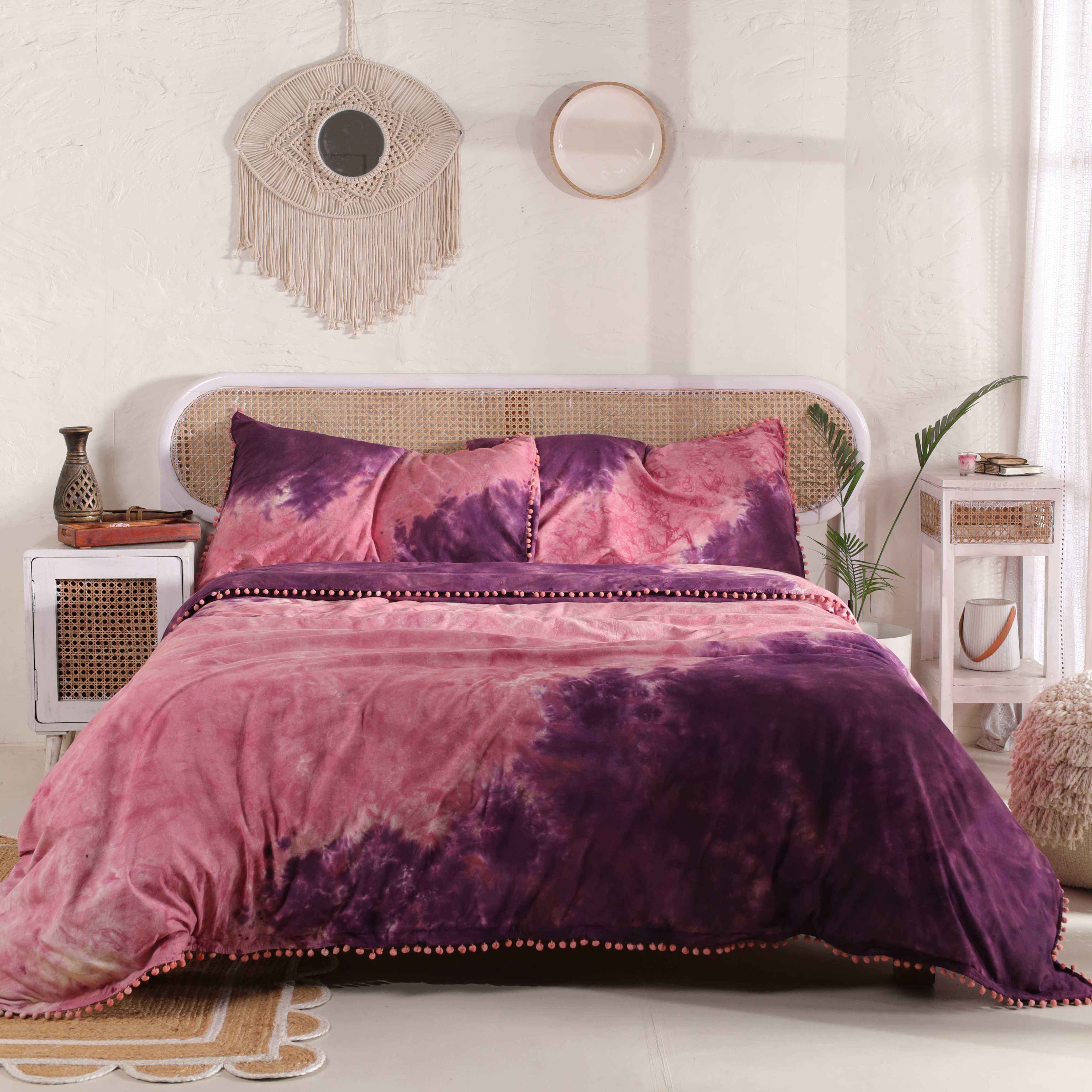 Pink and Purple Tie Dye Bedding Set - Boho Cotton Duvet with Pom Poms