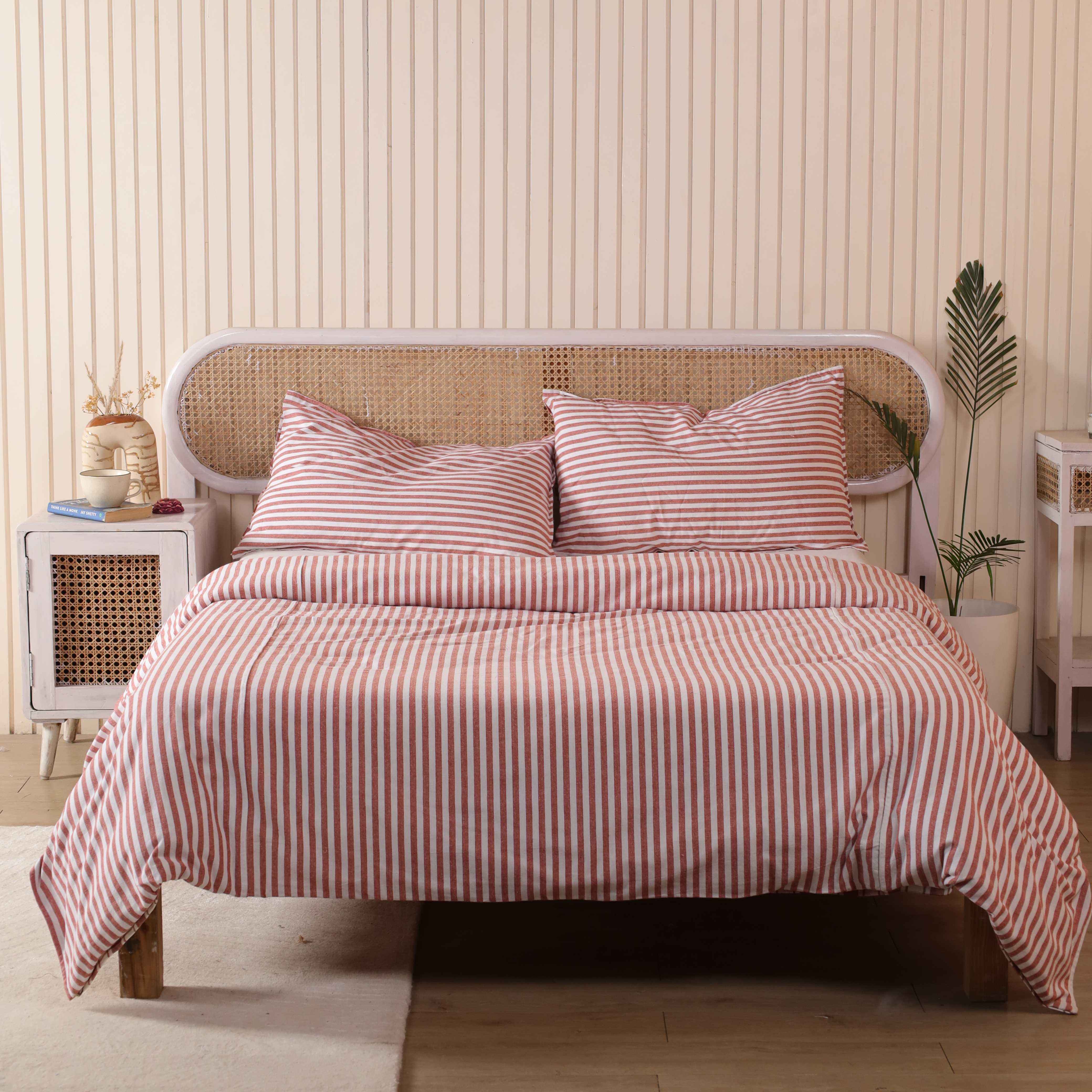 Red Striped Cotton Bedding Set - Cottagecore Duvet Cover & Shams