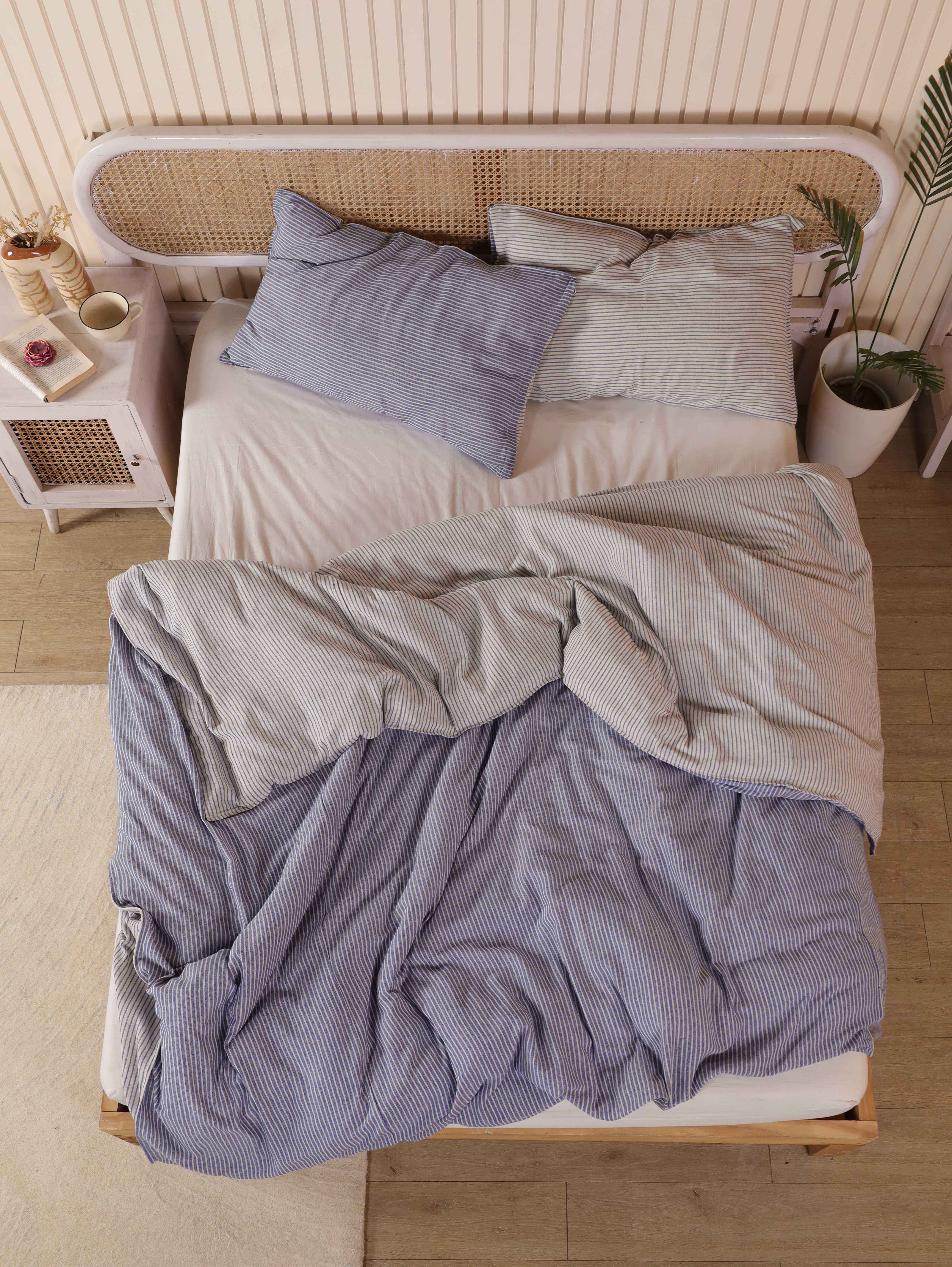 Reversible Blue Pinstripe Duvet Cover Set - Cotton Coastal Bedding