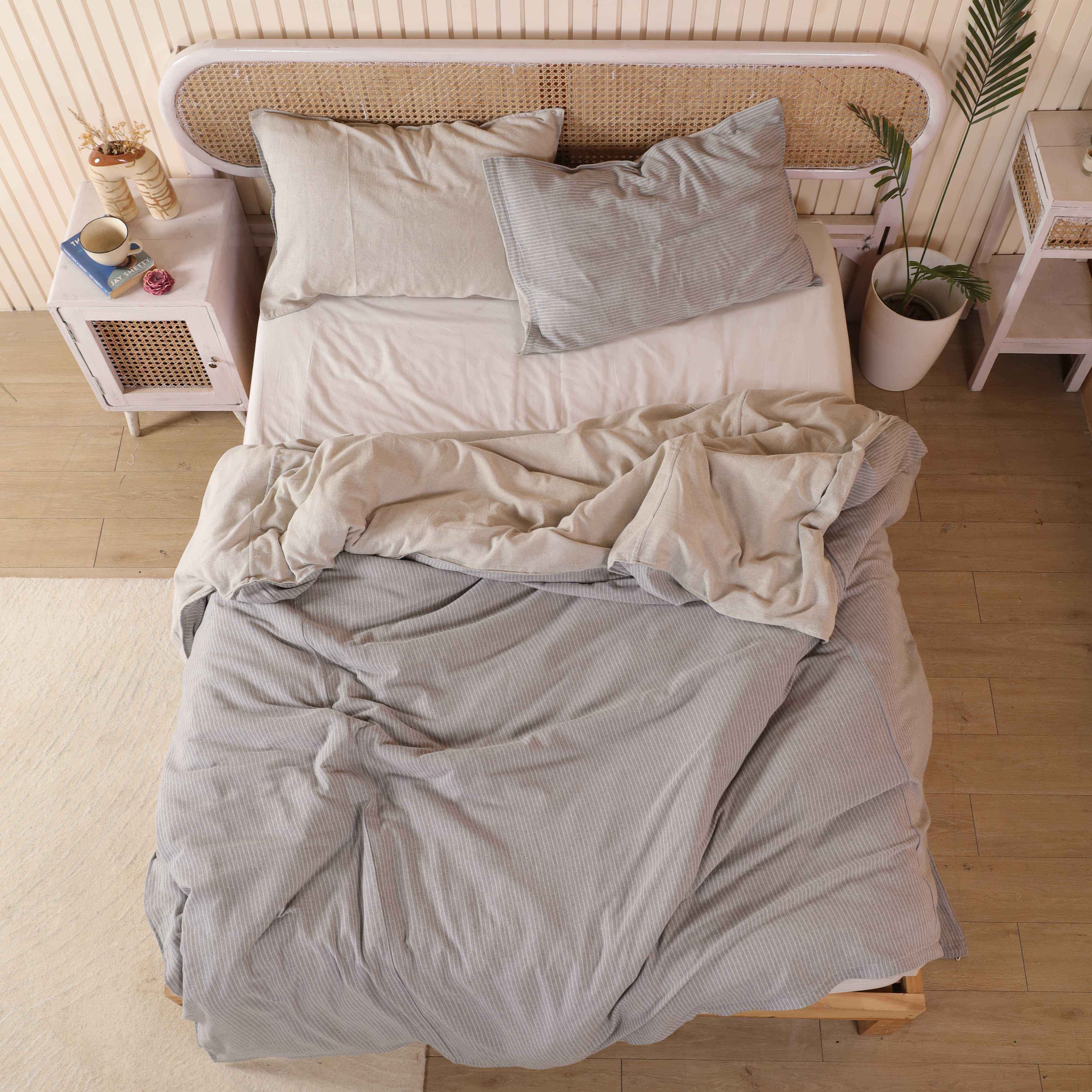 Cotton Reversible Pinstripe & Solid Duvet Cover Set - Luxury Grey & Sand Neutral Bedding