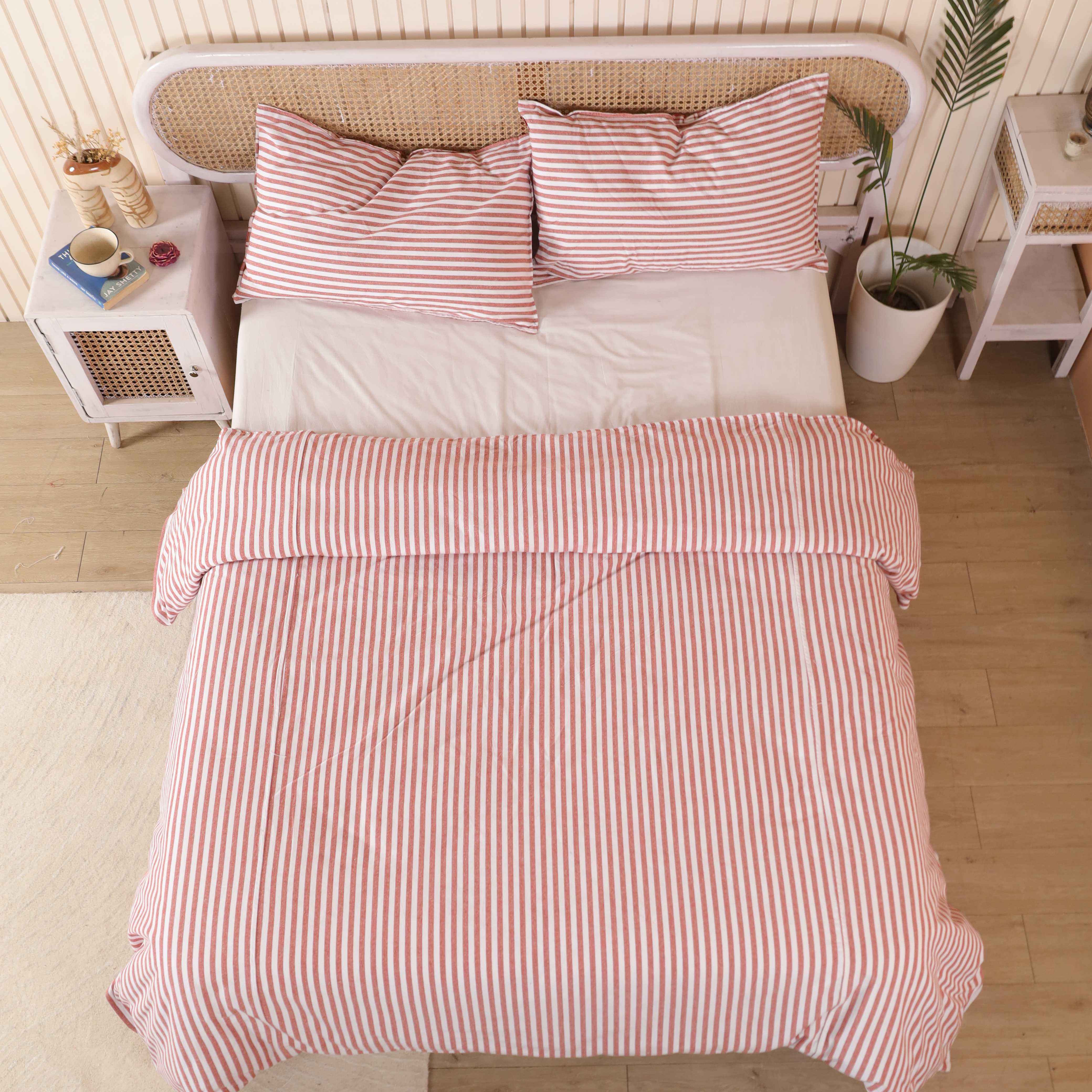Red Striped Cotton Bedding Set - Cottagecore Duvet Cover & Shams