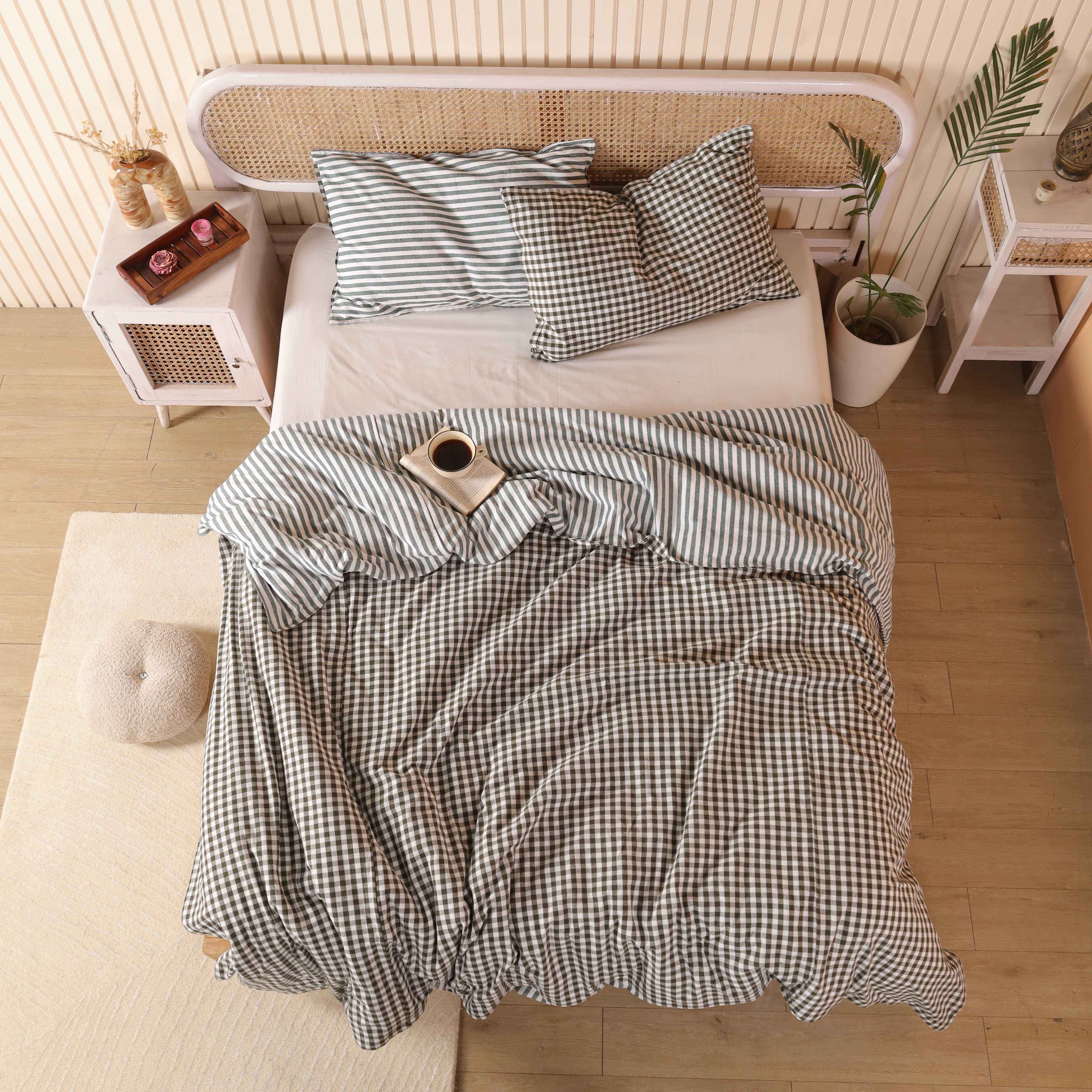 Reversible Sage Green Gingham & Striped Cotton Duvet Bedding Set