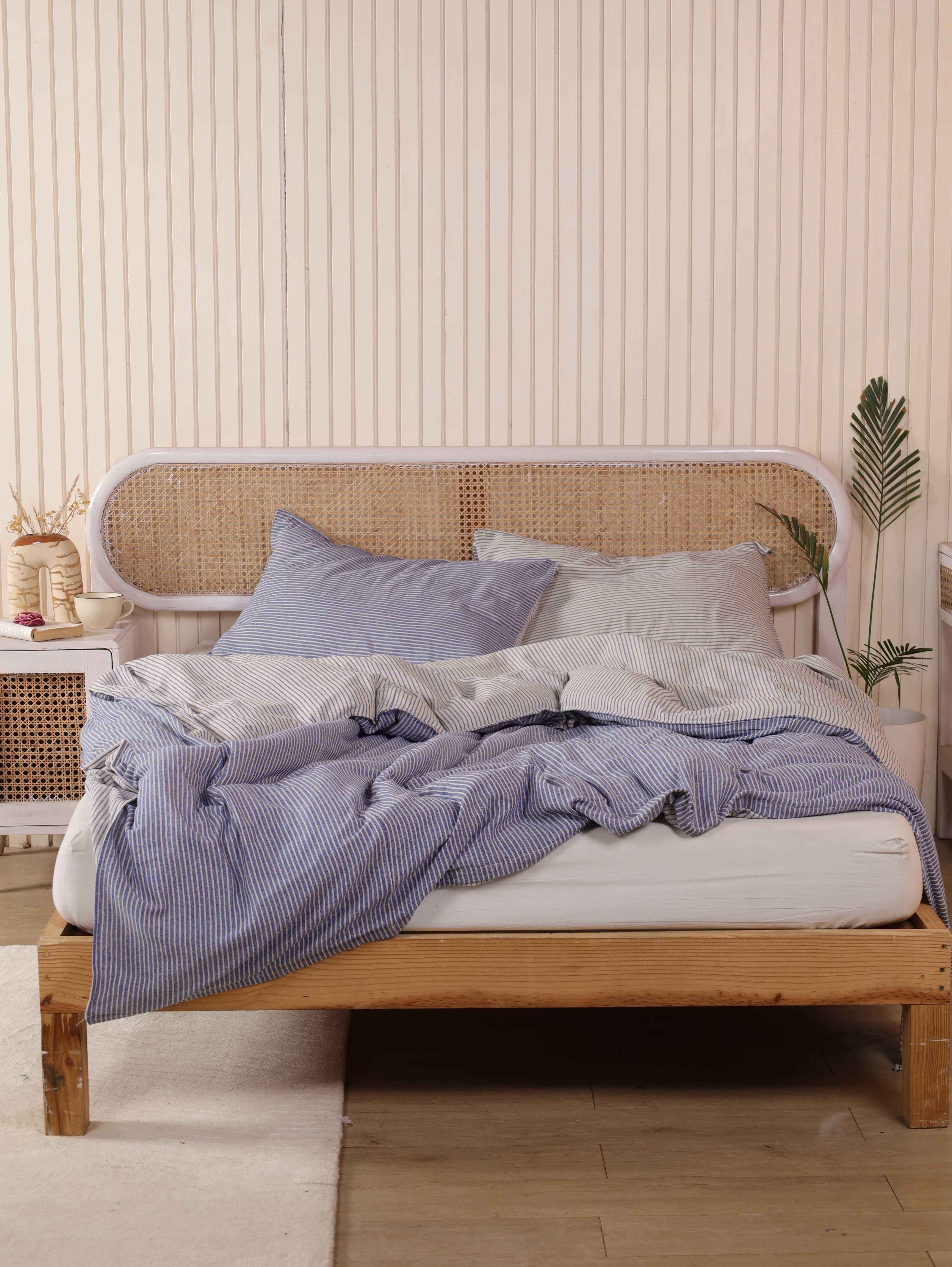 Reversible Blue Pinstripe Duvet Cover Set - Cotton Coastal Bedding