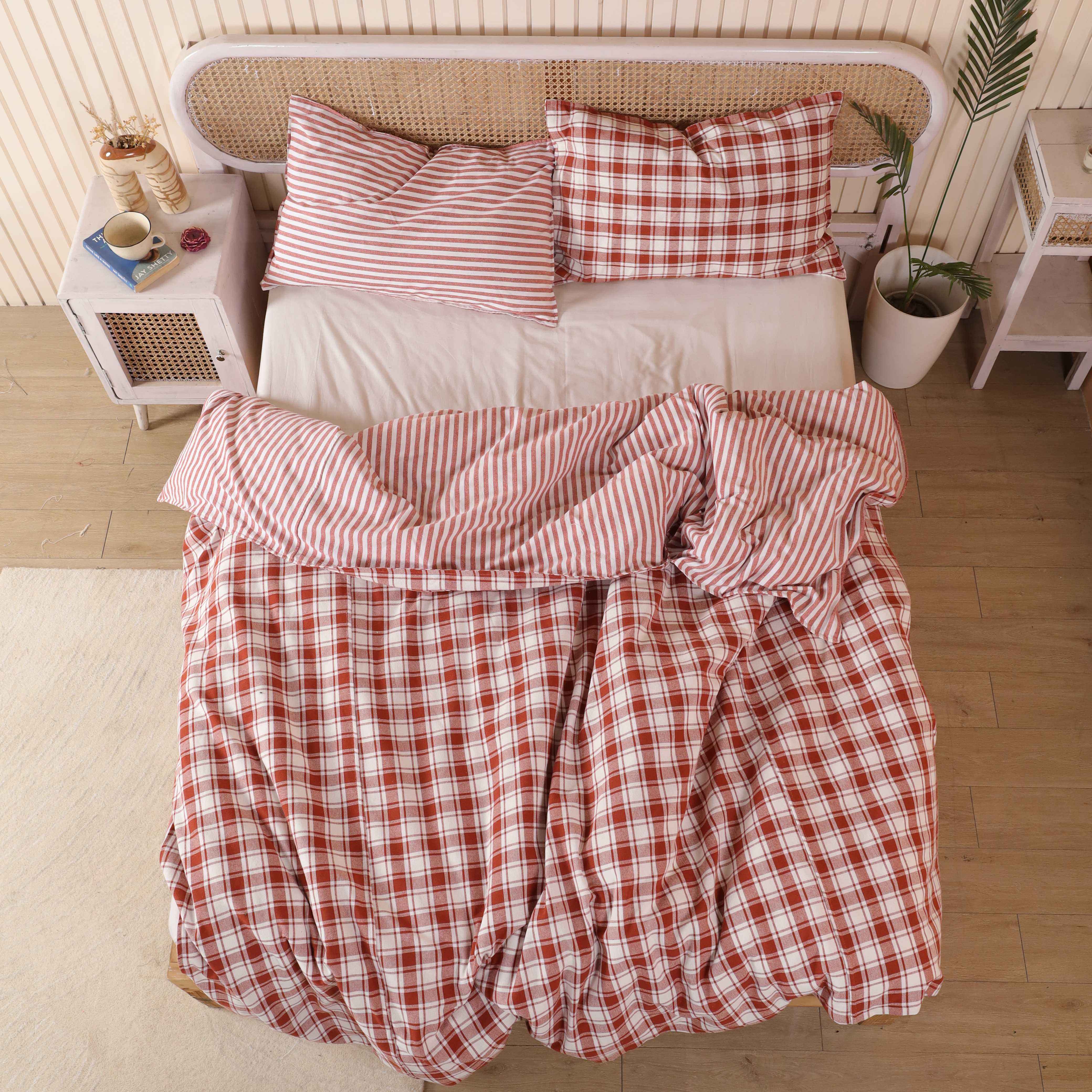 Reversible Red Gingham and Stripe Bedding Set - Cottagecore Cotton Duvet