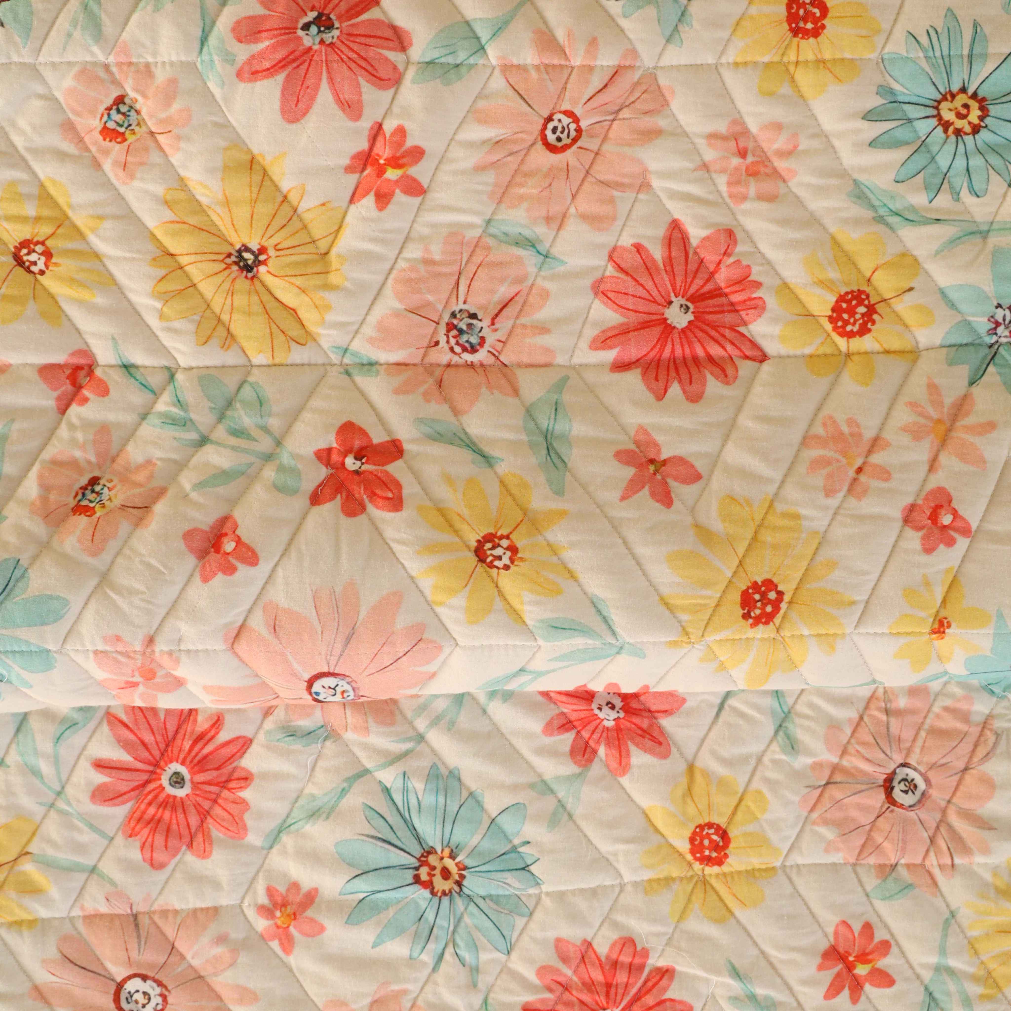 Two matching multi-color floral cotton pillow covers with blue striped ruffle accents.