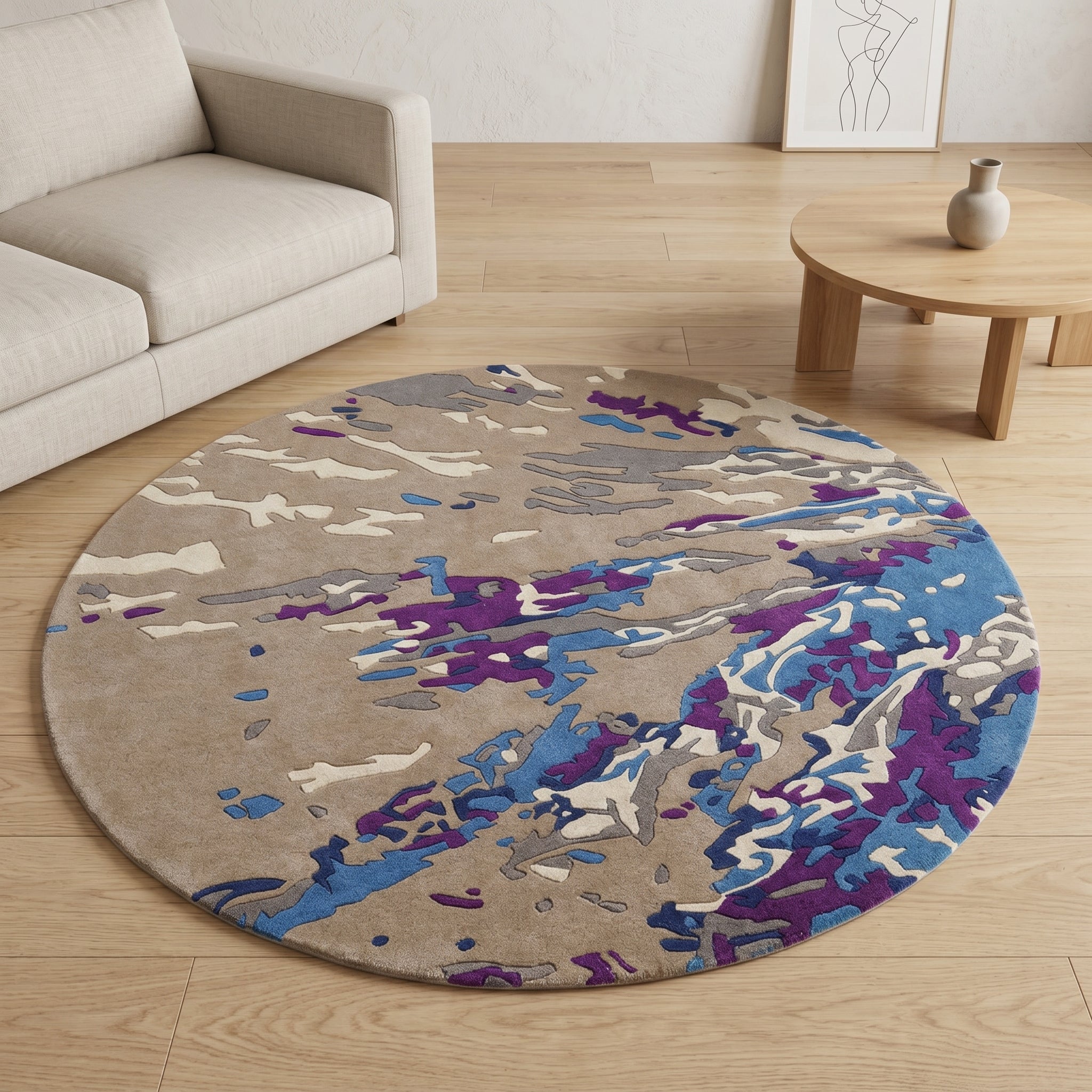 Premium Hand-Tufted Abstract Round Rug | Modern Blue & Purple Artistic Area Rug for Living Room & Bedroom