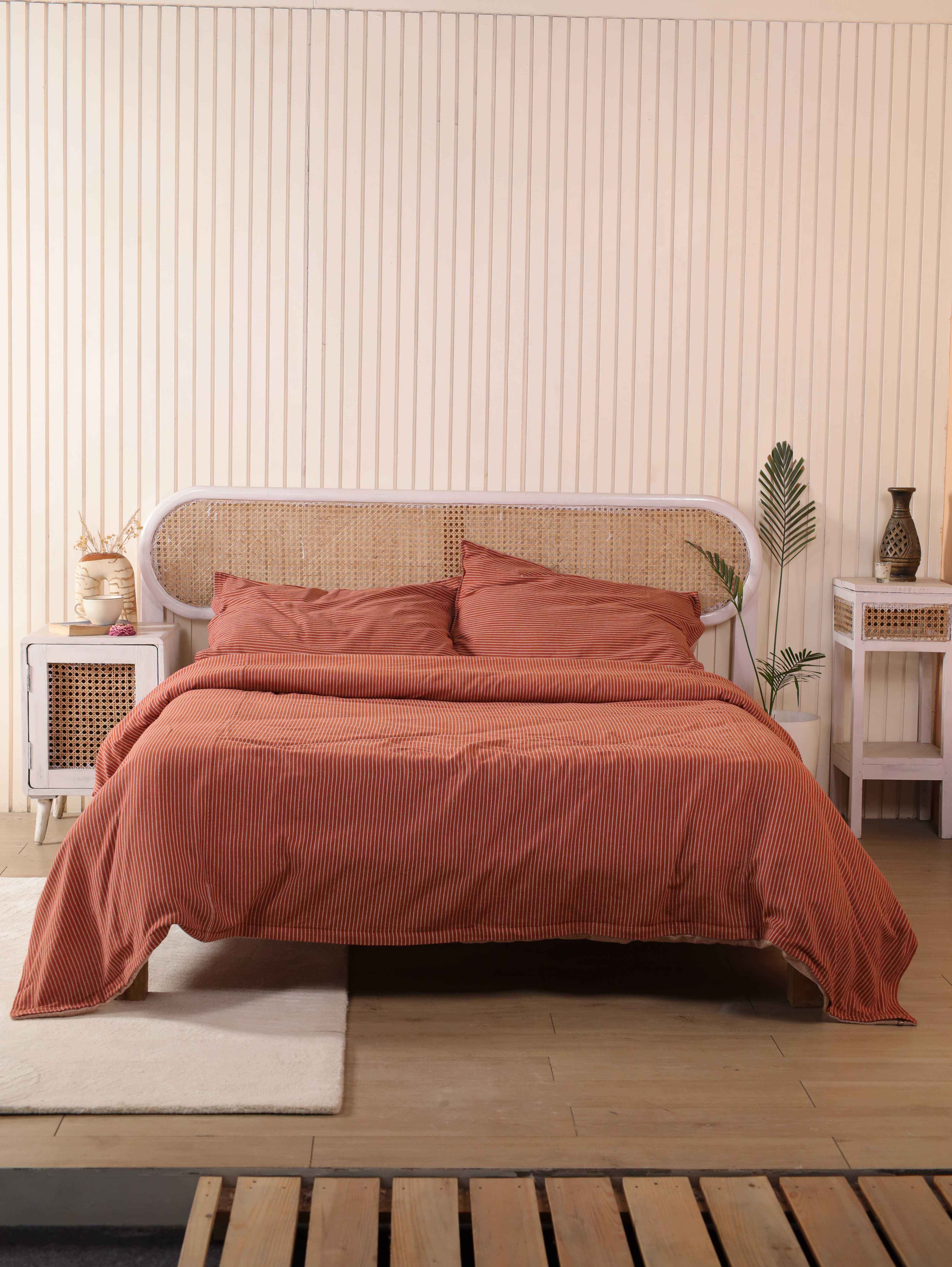 Terracotta Pinstripe Cotton Bedding Set - Rust Boho Duvet Cover
