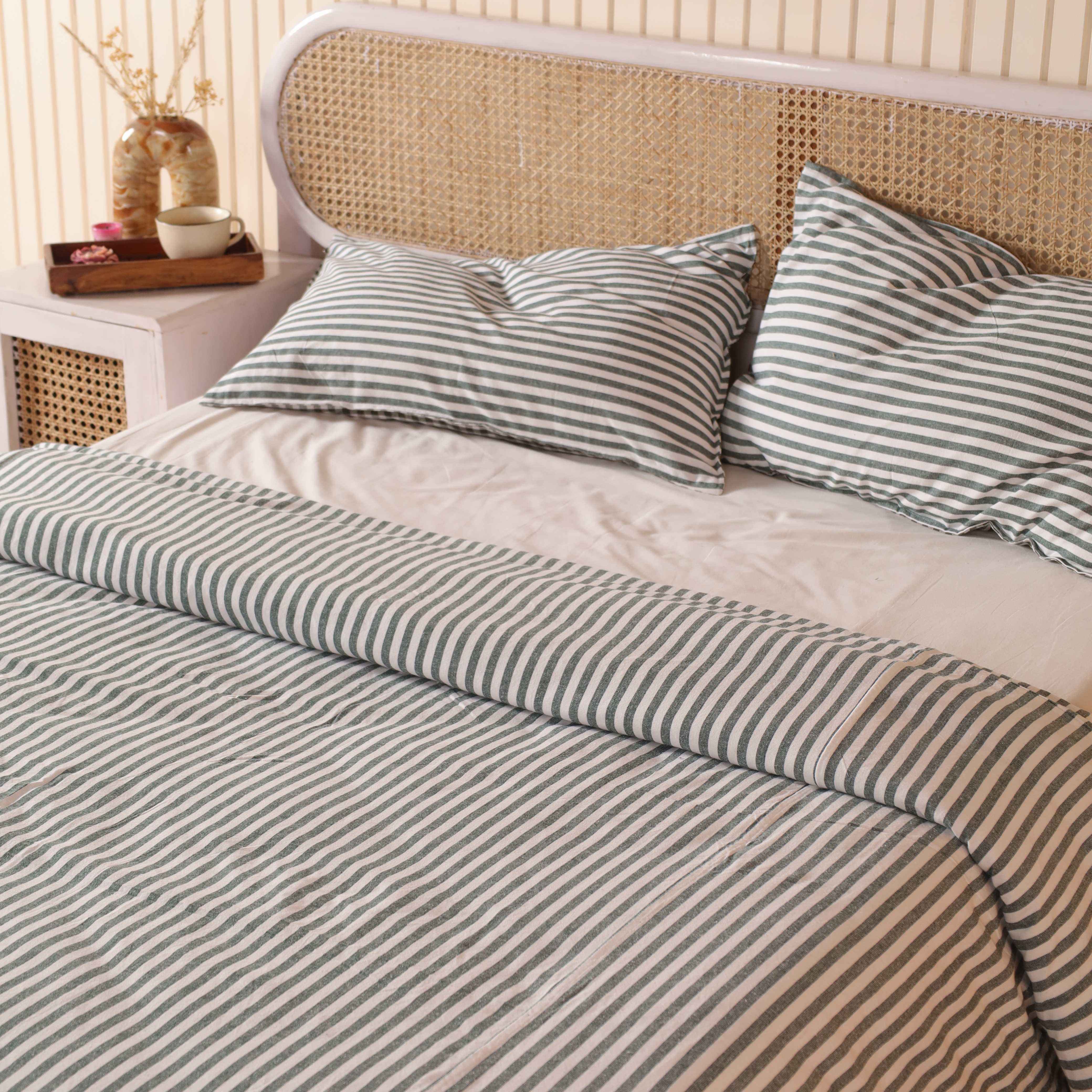 Sage Green Striped Cotton Bedding Set - Boho Duvet Cover & Shams