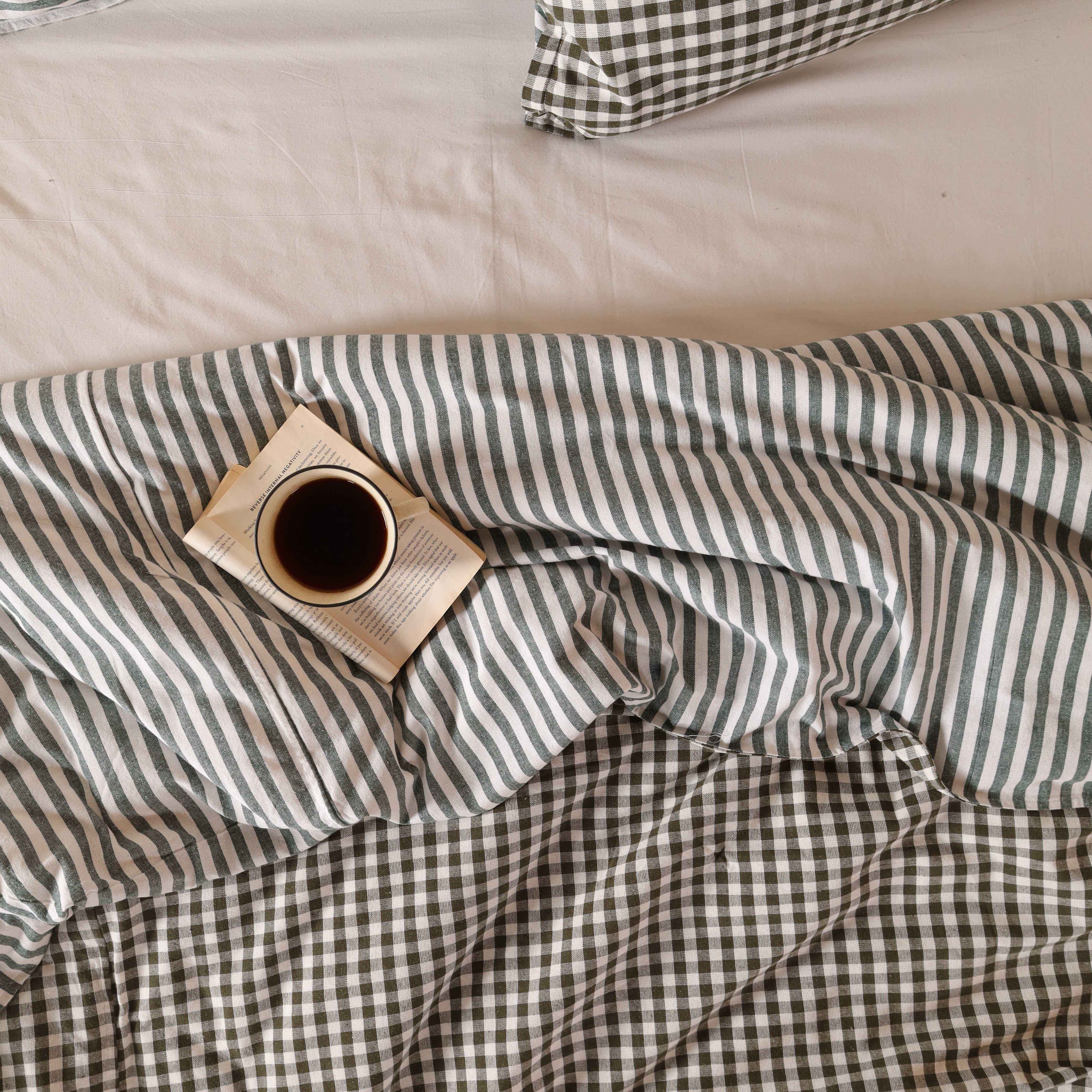 Reversible Sage Green Gingham & Striped Cotton Duvet Bedding Set