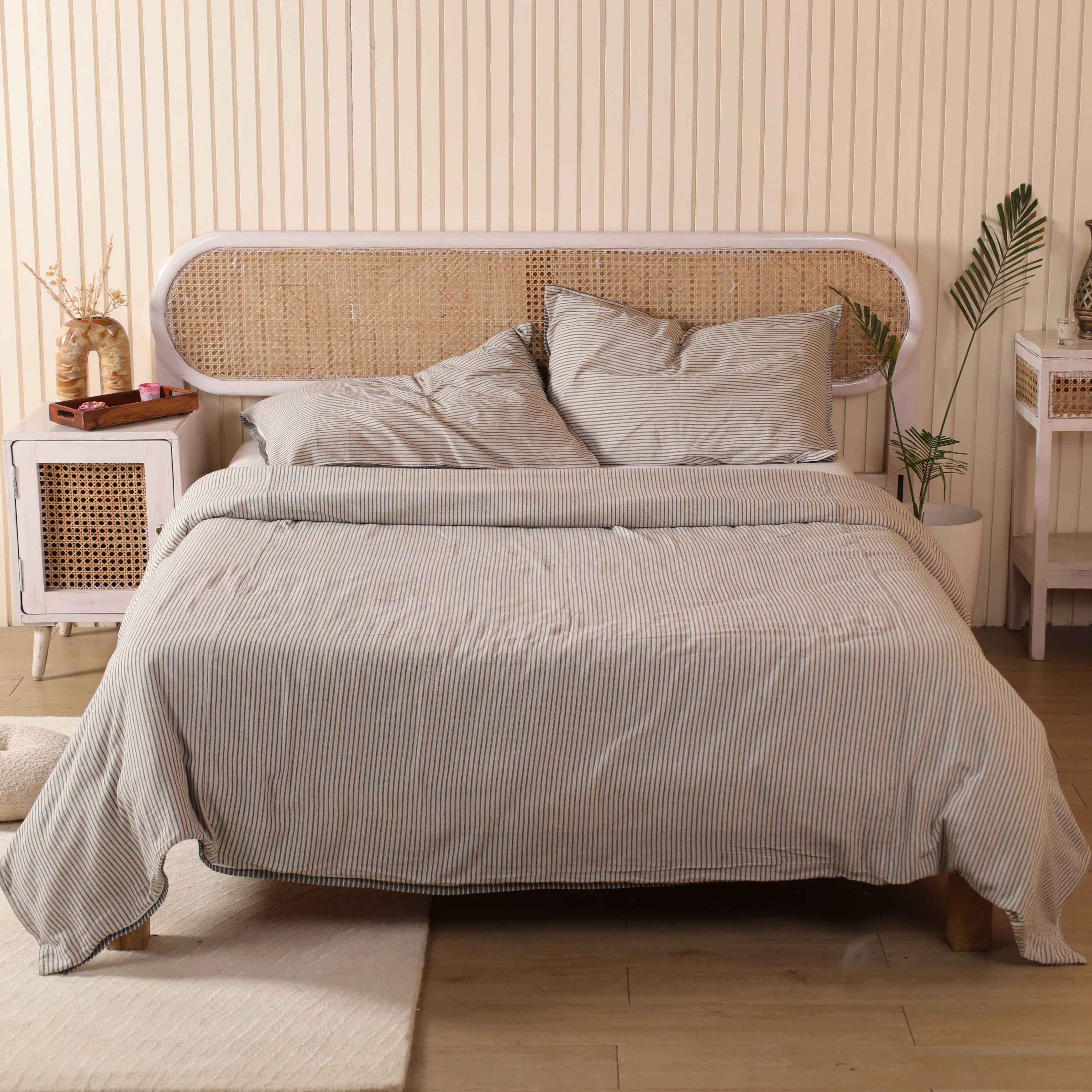 Beige Pinstripe Cotton Bedding Set - Earth Tone Boho Duvet Cover
