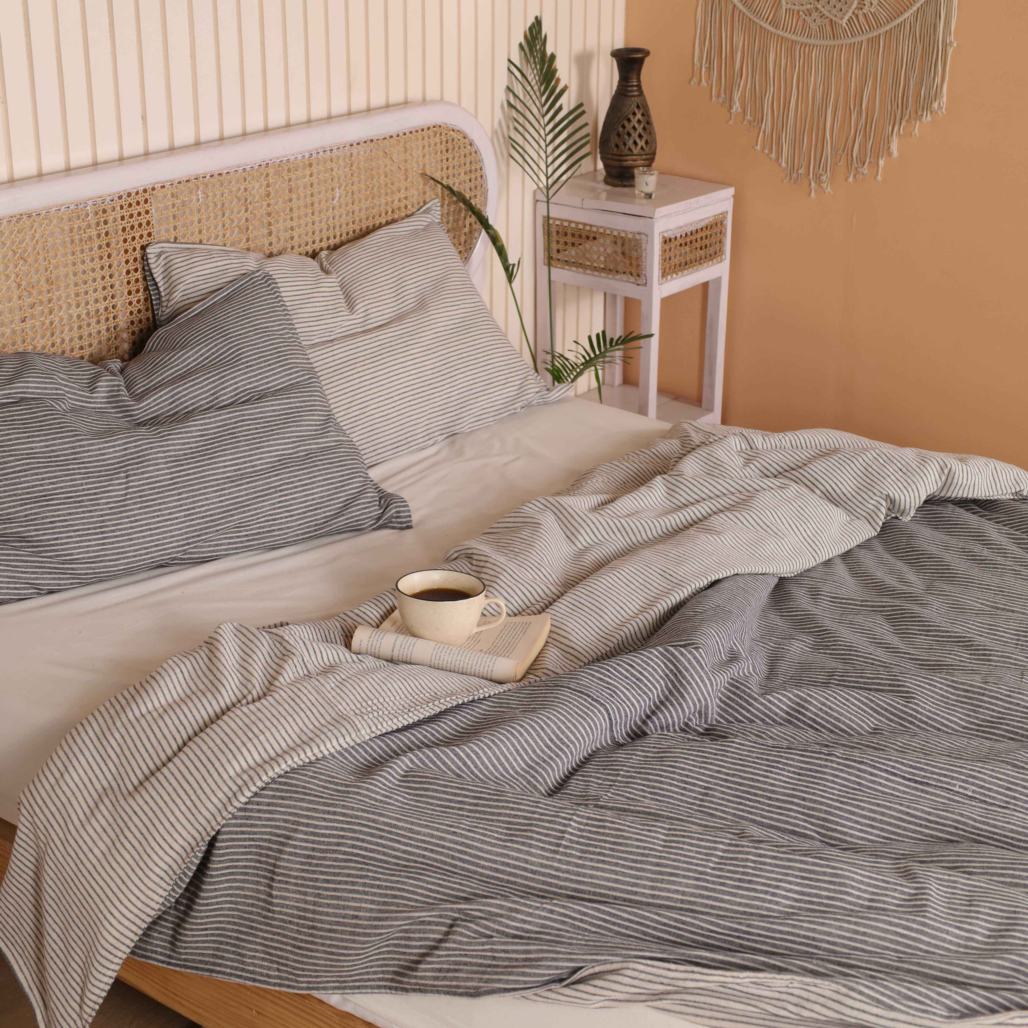 Reversible Slate & Beige Pinstripe Bedding - 2-in-1 Cotton Duvet Set