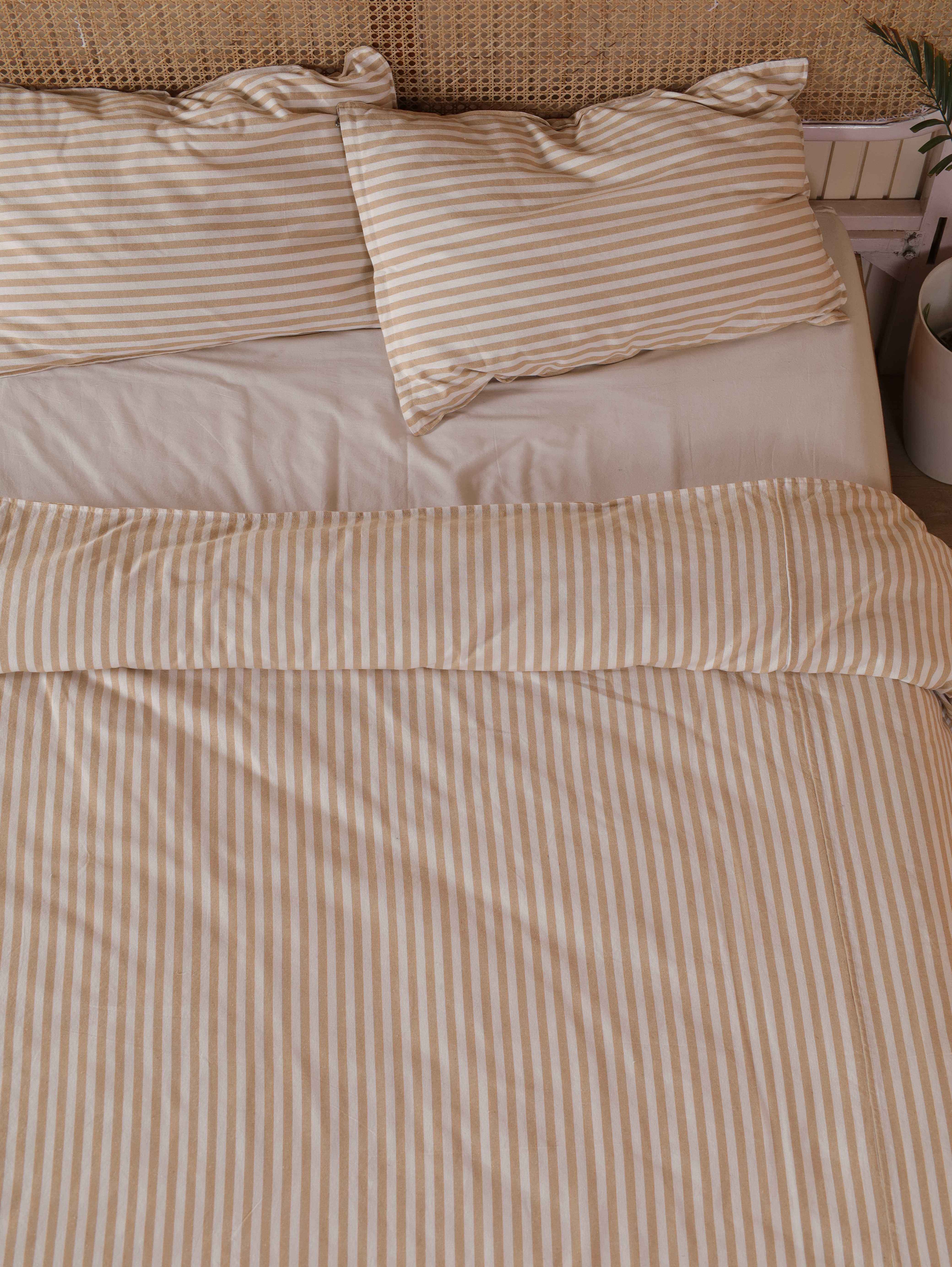 Tan Bold Stripe Cotton Duvet Set - Warm Neutral Striped Bedding