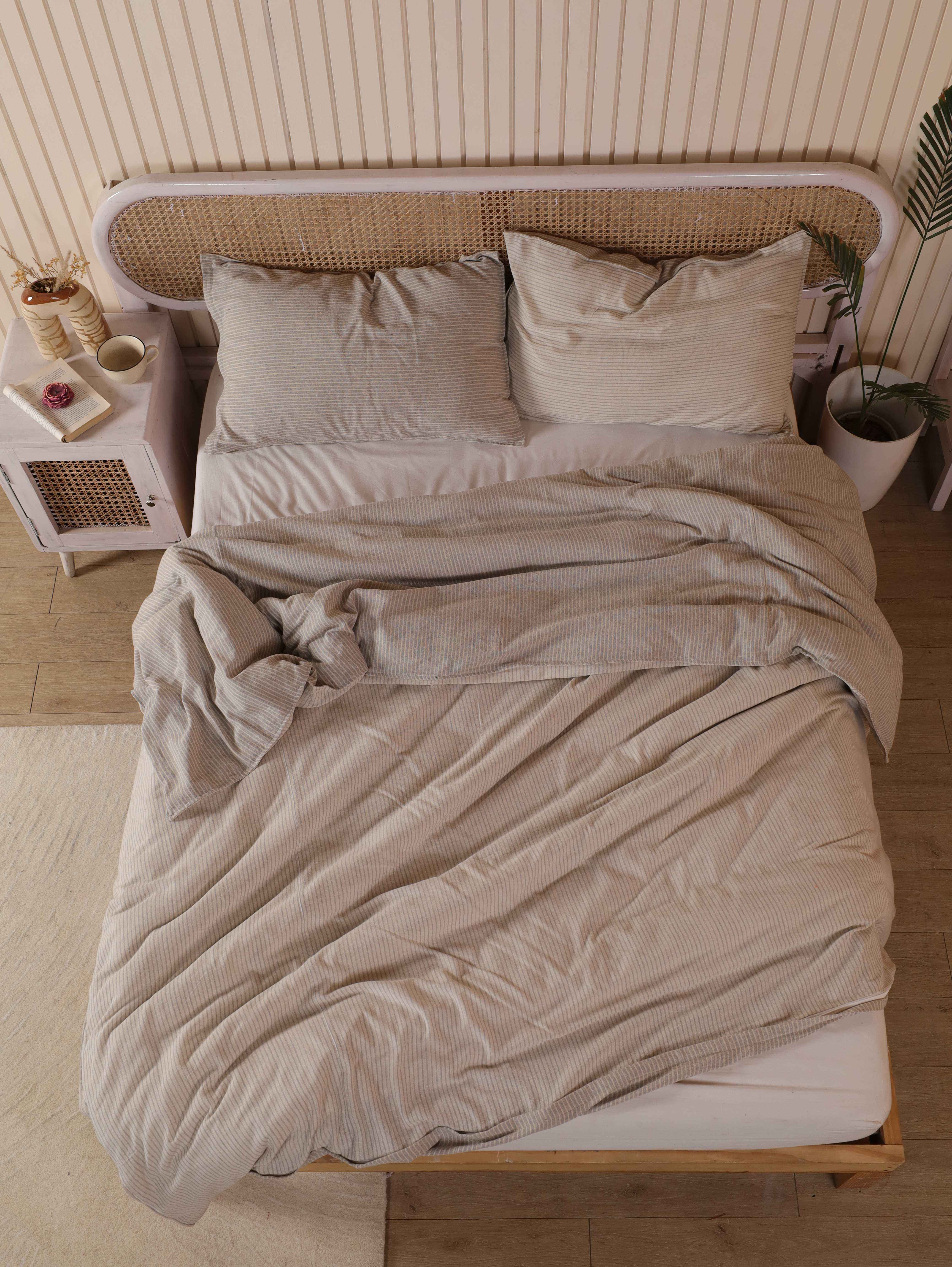 Taupe Pinstripe Cotton Duvet Cover Set - Reversible Earthy Bedding