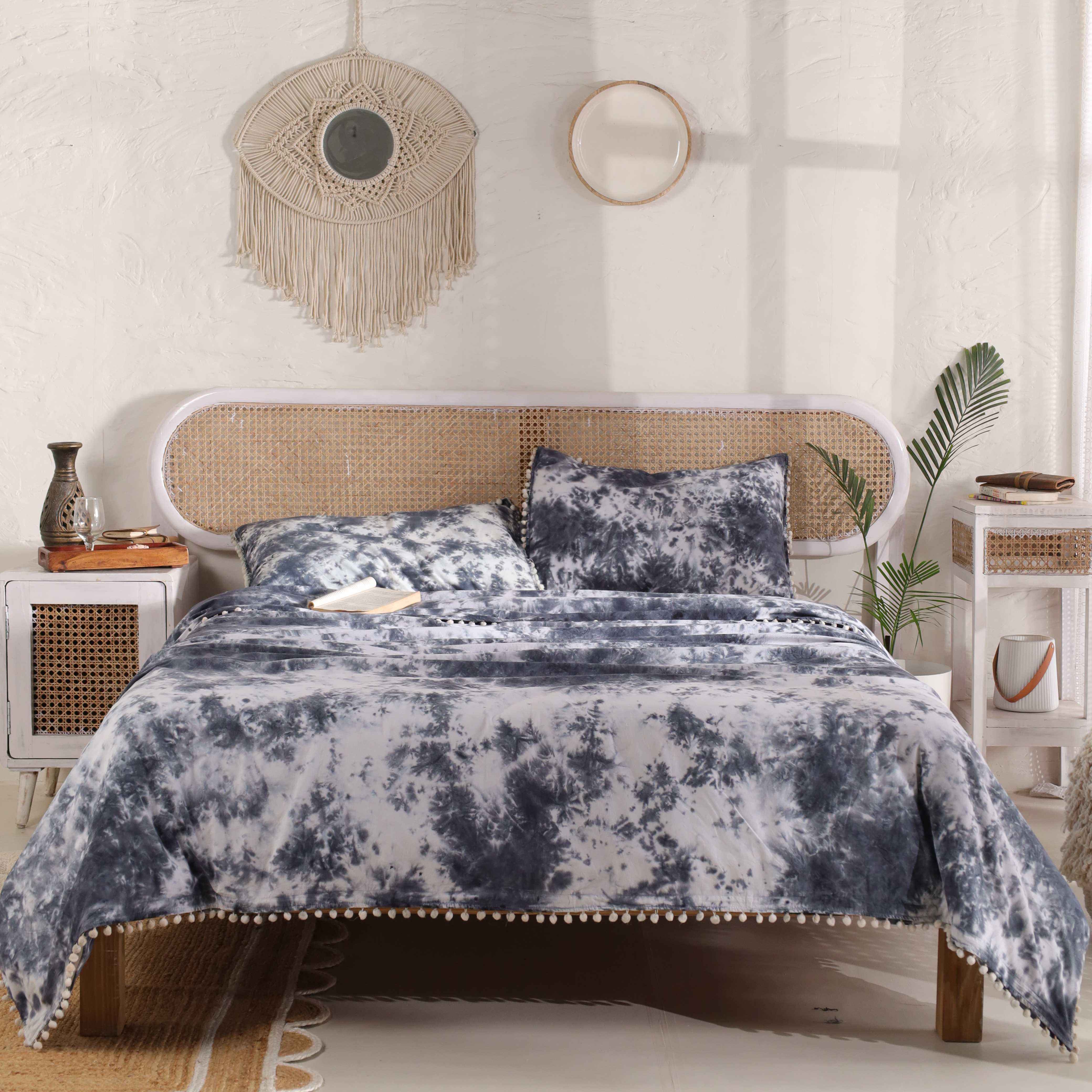 Blue Tie Dye Cotton Duvet Cover Set - 3pc Boho Pom Pom Fringe Bedding