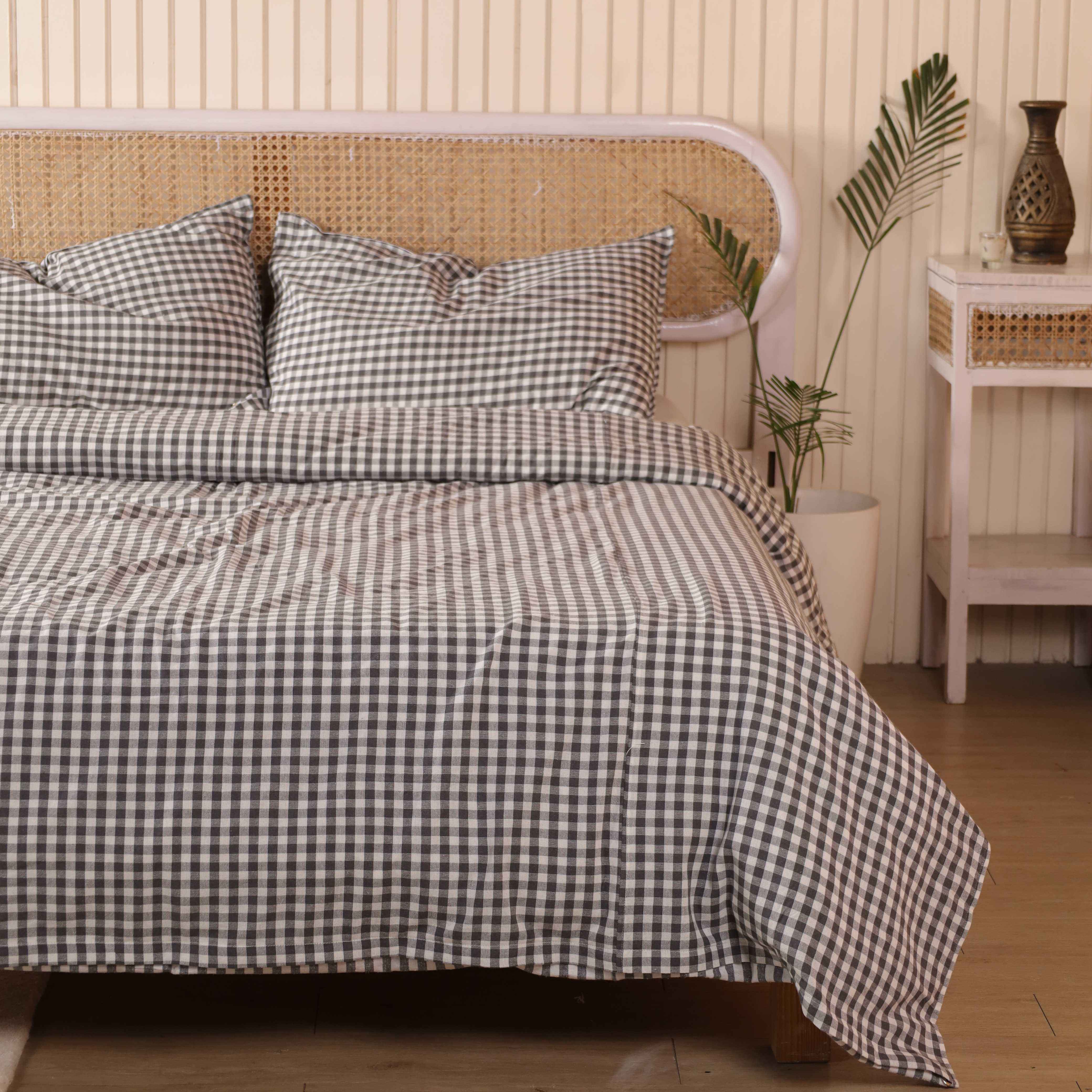 Charcoal Grey Gingham Cotton Bedding Set - Checkered Boho Duvet Cover