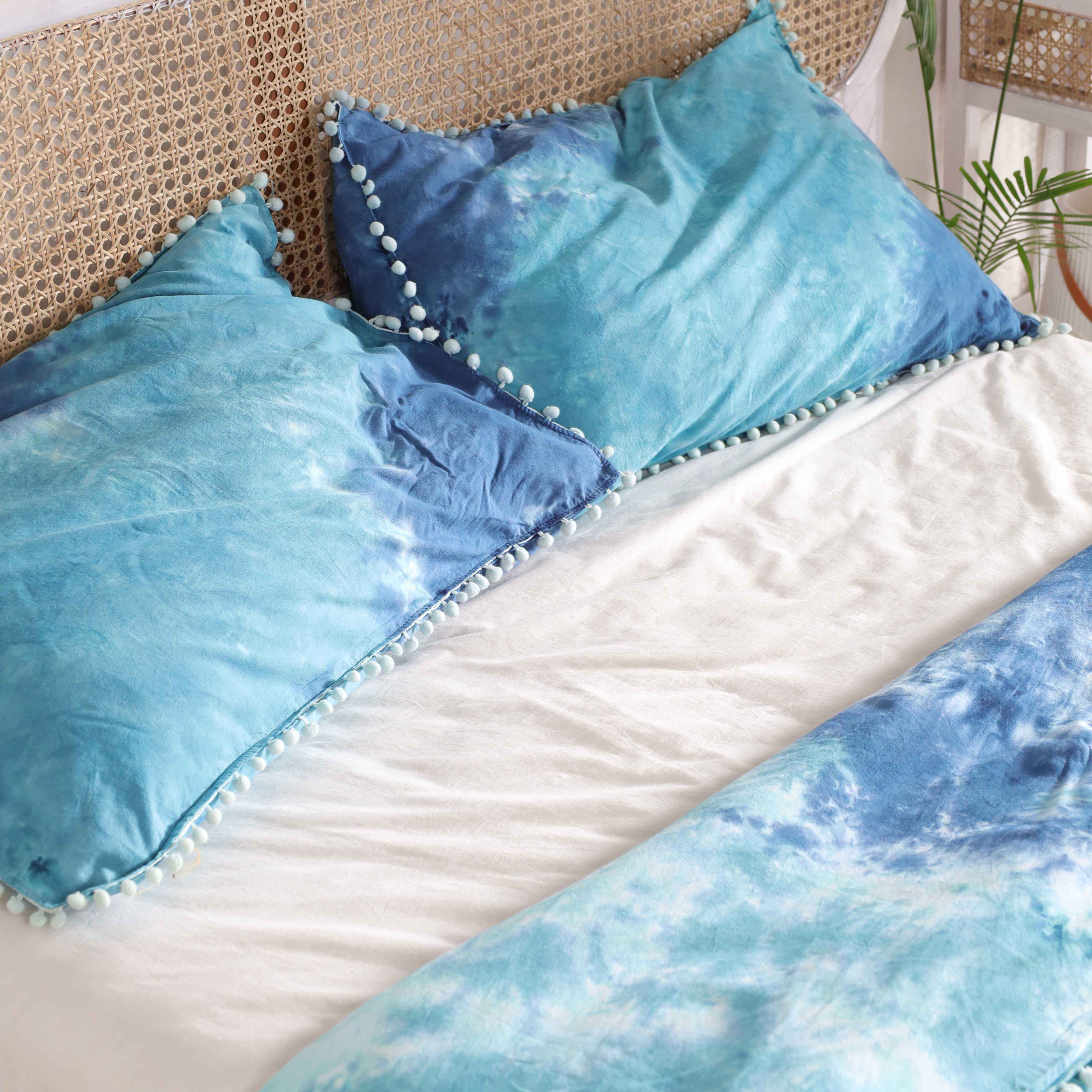 Aqua Teal Tie Dye Bedding Set - Coastal Cotton Duvet with Pom Poms